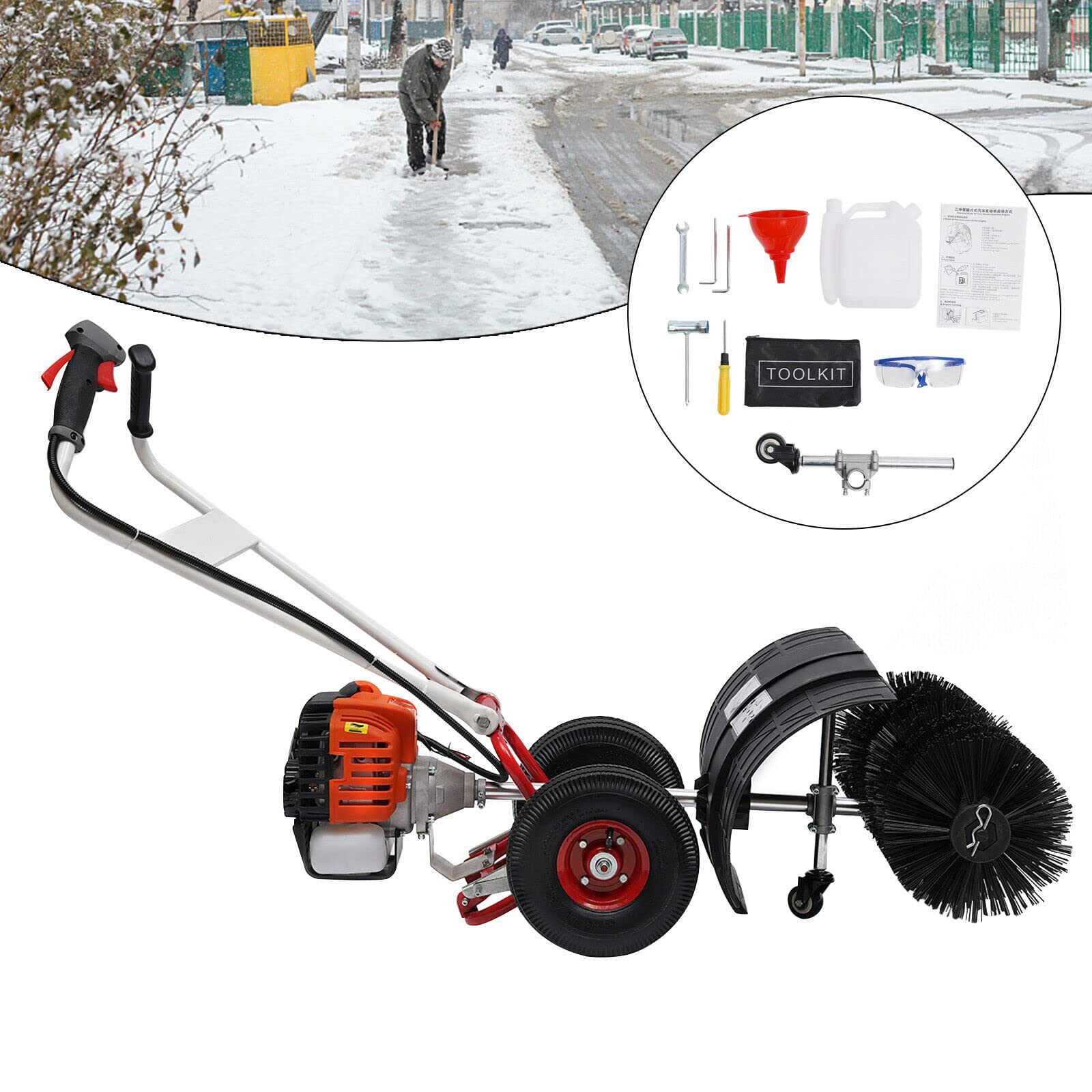 52cc 2 Stroke Gas Powered Handheld Sweeper Broom - Dual Handle Snow Blower & Lawn Cleaner for Driveway, Artificial Grass, Snow Removal - Long Reach Walk Behind Cleaner with Chainsaw Attachment for Easy Yard Maintenance
