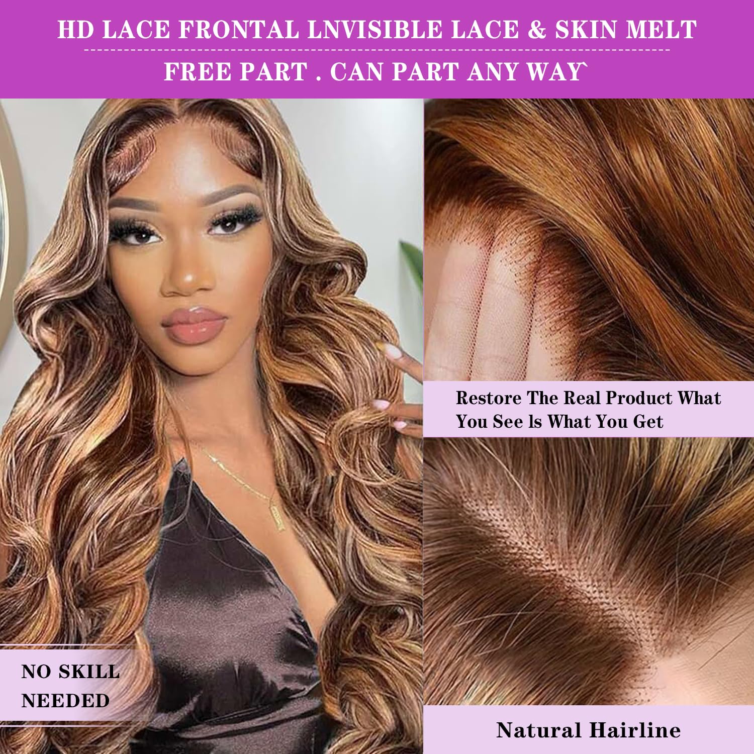 13x4 HD Ombre Lace Front Human Hair Wig - 30 Inch Body Wave with Baby Hair & Pre-Plucked Hairline | 180% Density Glueless Lace Wig for Daily Wear, Parties & Special Occasions