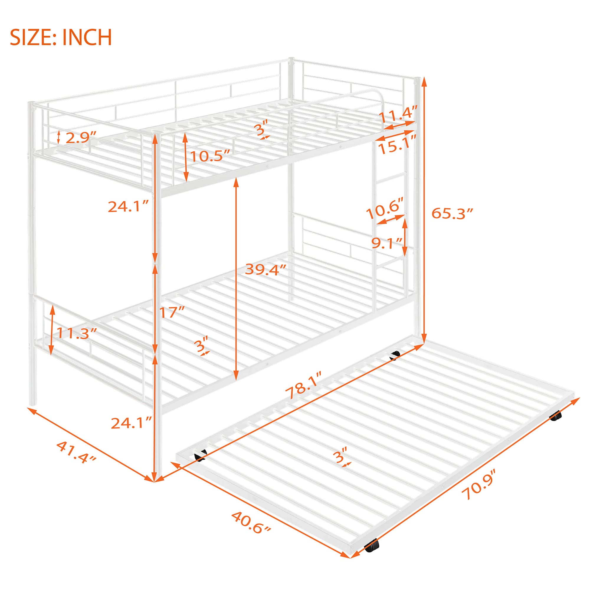 P PURLOVE Twin Over Twin Metal Bunk Bed with Trundle - Convertible to 2 Separate Beds - Sturdy Frame with Ladder - No Box Spring Required - White - Perfect for Kids' Bedroom, Guest Room & Space-Saving Solutions