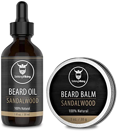 Premium Men's Beard Grooming Kit with All-Natural Beard Oil & Beard Balm - Argan & Jojoba Oil Infused Leave-In Conditioner for Soft, Healthy Facial Hair by Striking Viking (Sandalwood Scent) - Perfect for Daily Beard Care & Styling