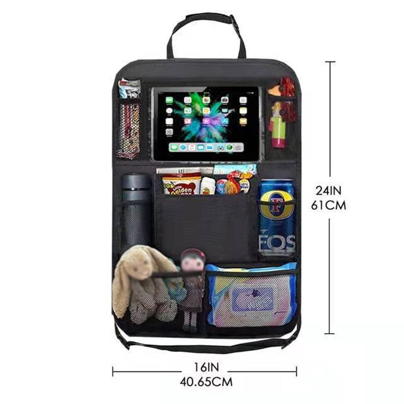 Quesardens Car Backseat Organizer with Tablet Holder - Travel Storage Organizer for iPad, Toys, Snacks & Books - Perfect for Road Trips & Family Vacations (1 Pack)
