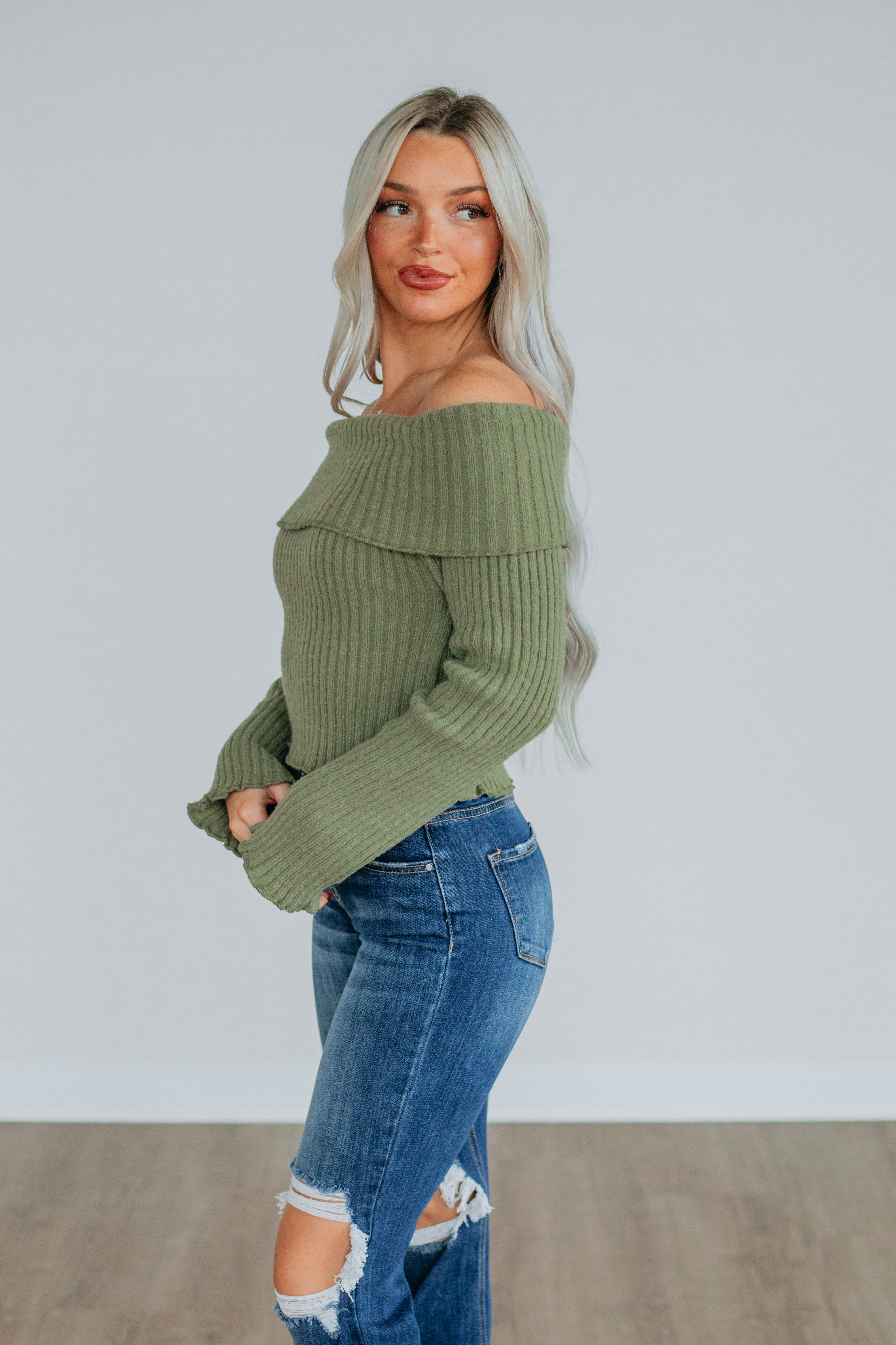 Elaine Off Shoulder Sweater for Women - Olive Green Knit Pullover | Casual Fall & Winter Fashion | Perfect for Dates, Parties & Cozy Nights