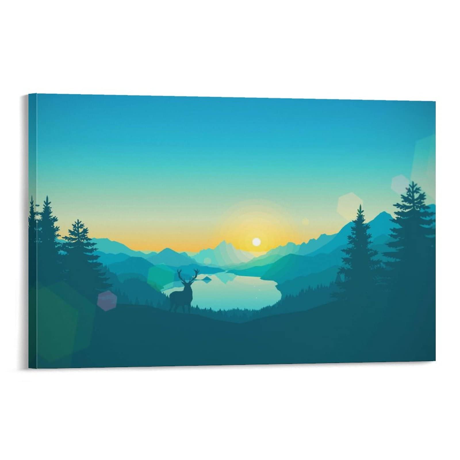 Ruowang Lake Sunrise Sunset Forest Deer Sunlight Aperture Digital Watercolor Canvas Wall Art - 08x12inch(20x30cm) - Perfect for Living Room, Bedroom Decor & Home Office Aesthetics