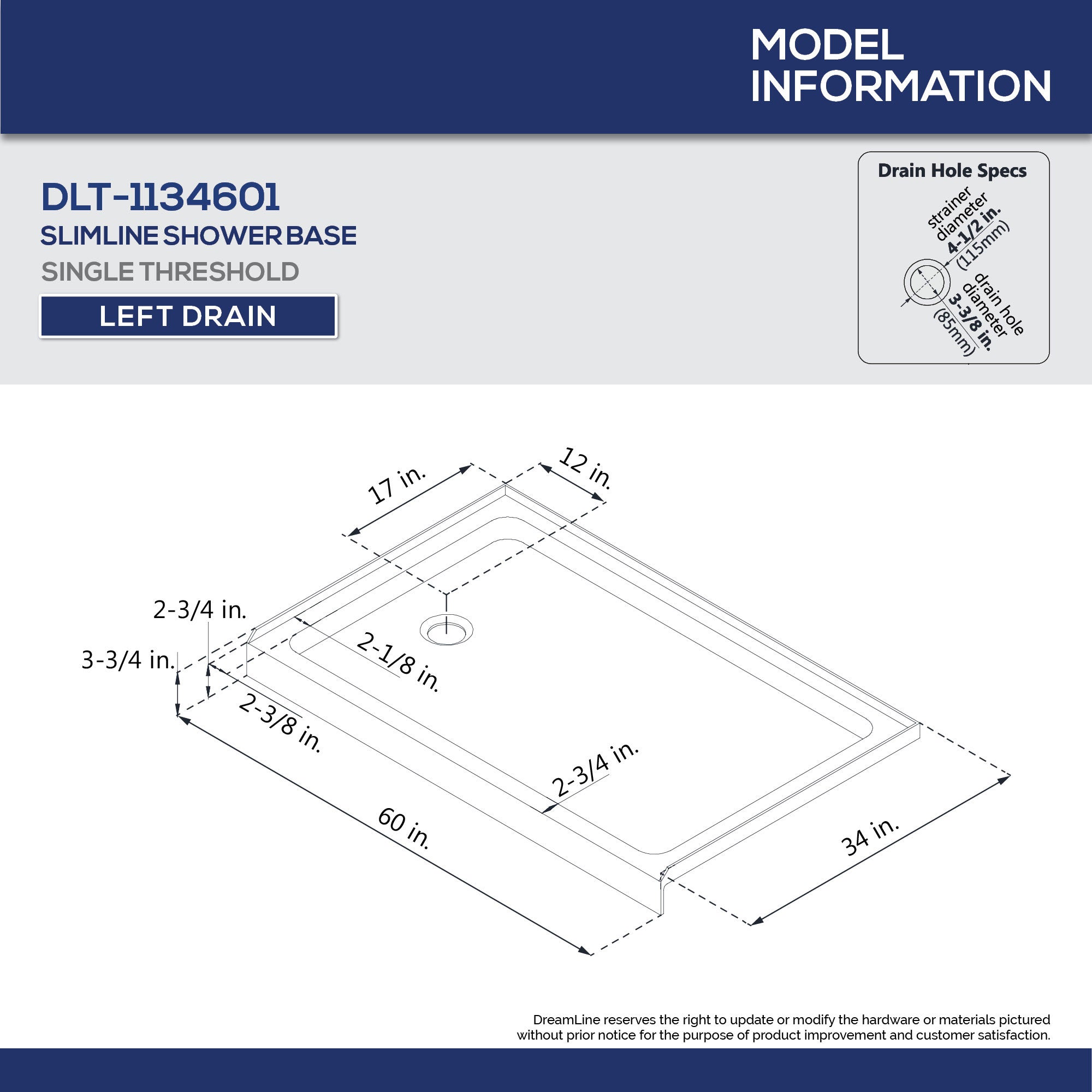 DreamLine Duet 34x60x74.75 Inch Semi-Frameless Bypass Shower Door - Brushed Nickel Finish with Left Drain White Base | Perfect for Modern Bathroom Renovations & Space-Saving Designs