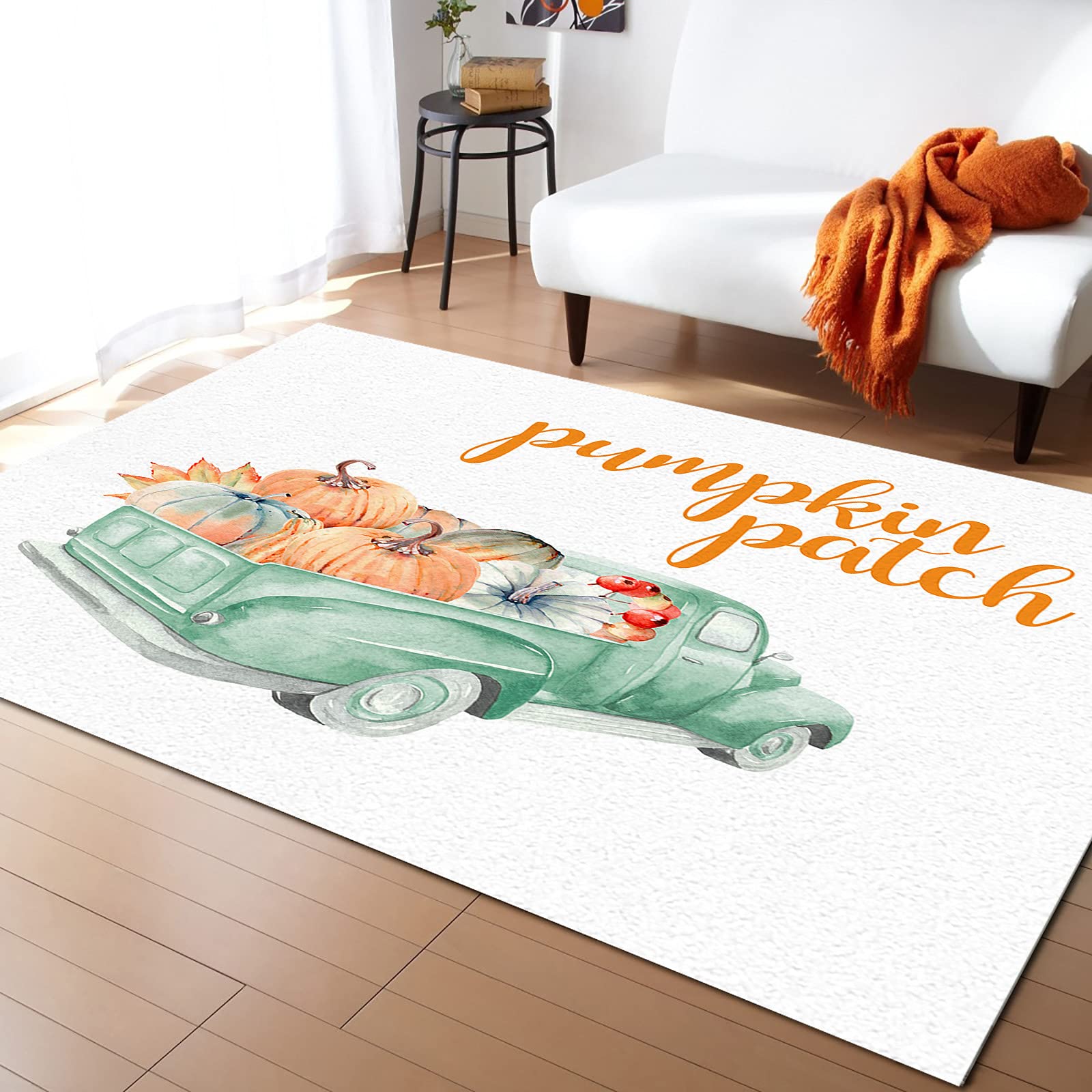 Thanksgiving Watercolor Teal Truck Pumpkin Indoor/Outdoor Area Rug - Washable 4'x6' Accent Carpet for Bedroom, Living Room, Kitchen, Bathroom - Perfect for Home Decor & Holiday Gatherings