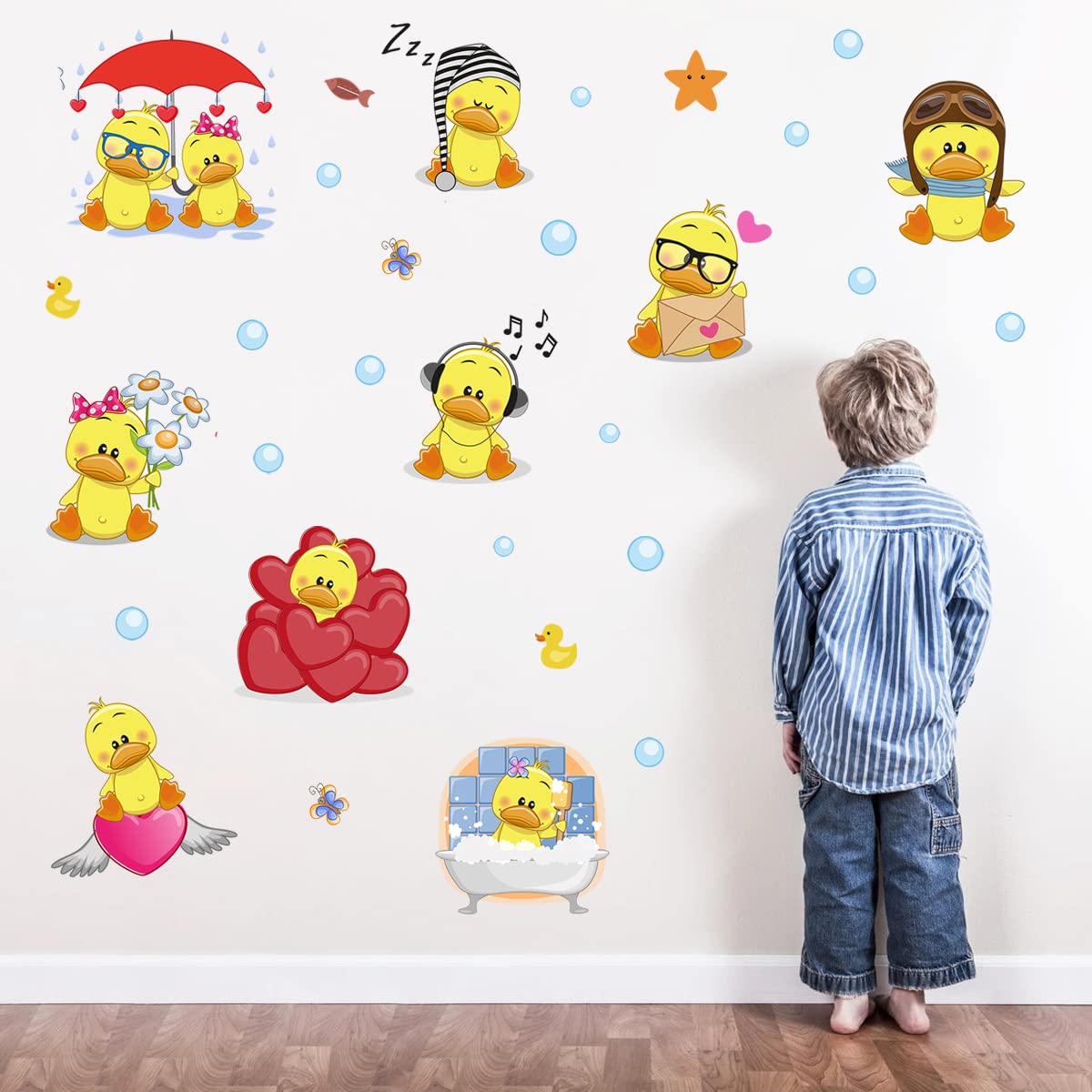 WOYINIS Cute Yellow Duck Wall Decals - Peel & Stick Removable Duck with Bubbles Sticker Set for DIY Kids Room, Playroom & Bathroom Decor - Perfect for Summer Nursery Wall Art and Baby Shower Decorations