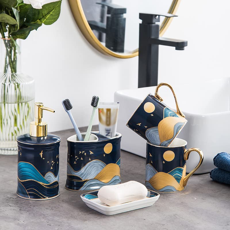 Premium 5-Piece Ceramic Bathroom Accessory Set - Toothbrush Holder, Soap Dispenser, Soap Dish & 2 Toothbrush Mugs - Elegant Bathroom Decor for Modern Homes, Apartments & Guest Bathrooms