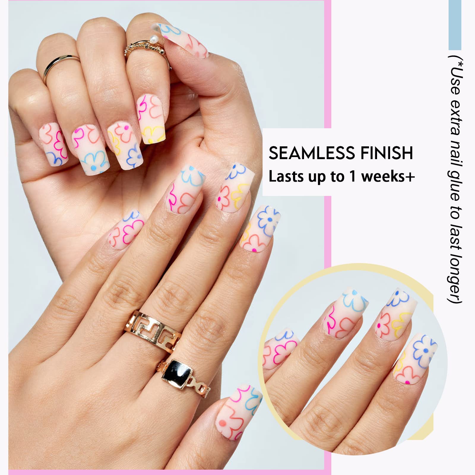 Glamermaid Medium Square Press On Nails - Spring Floral Blossom Fake Nails Short Pink, Reusable Acrylic Stick On Nails with Glossy Gel Flower Design, Nail Kit with Glue for Women (Perfect for Weddings, Parties & Everyday Wear)