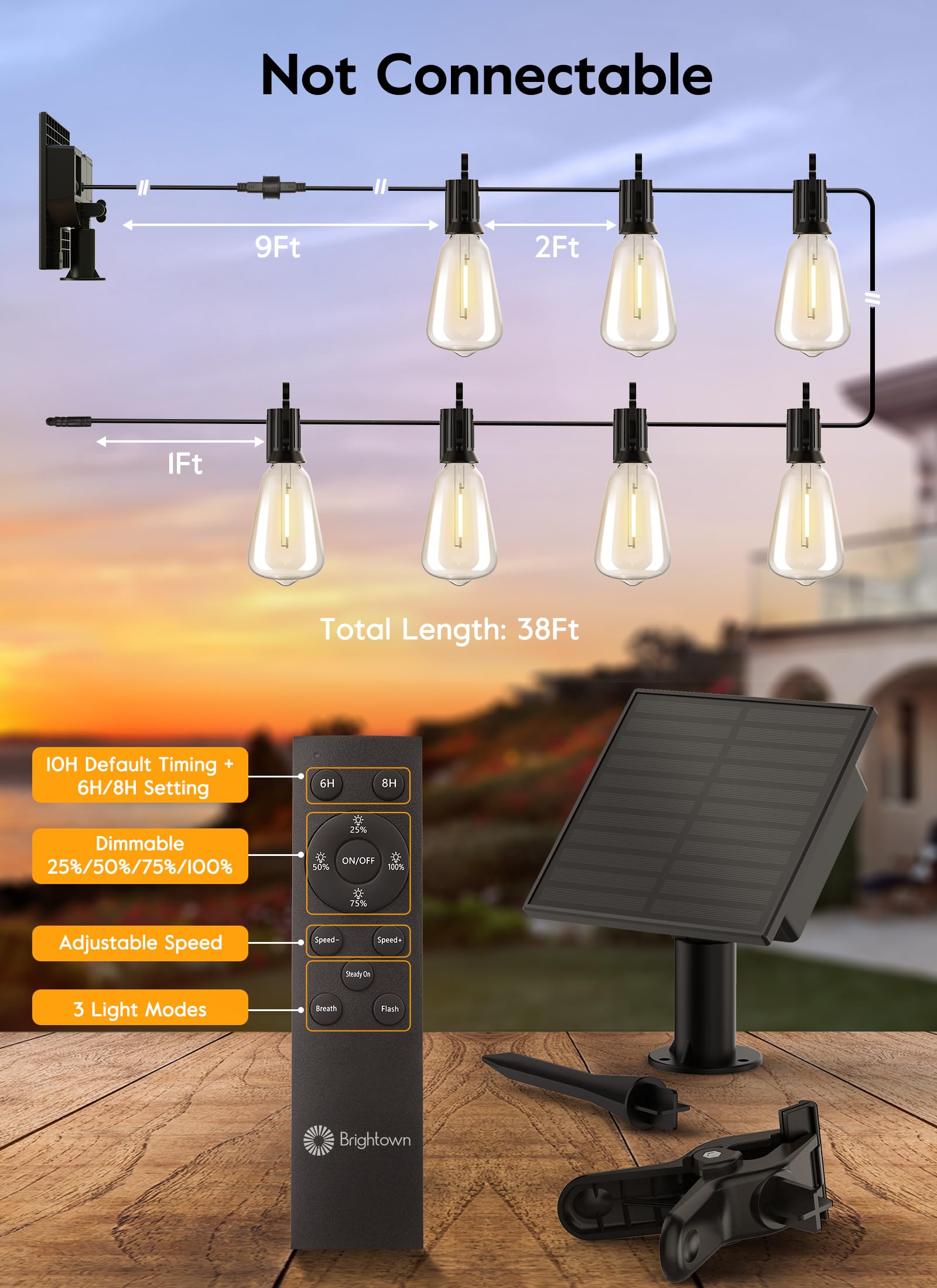 Brightown 38FT Solar String Lights Outdoor with Remote - 16 LED Shatterproof Bulbs, 3 Light Modes, Waterproof Hanging Solar Lights for Backyard, Garden, Patio, Party & Wedding Decorations | Perfect for Outdoor Gatherings, Evening Ambiance, and Holiday Celebrations