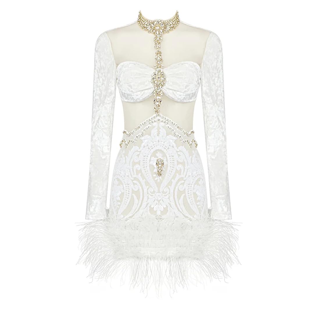 Sparkling Rhinestone Feather Mini Dress for Women - Elegant Turtleneck Long Sleeve Mesh Bodycon Party Gown | Perfect for Cocktail Parties, Nightclub Events & Holiday Celebrations