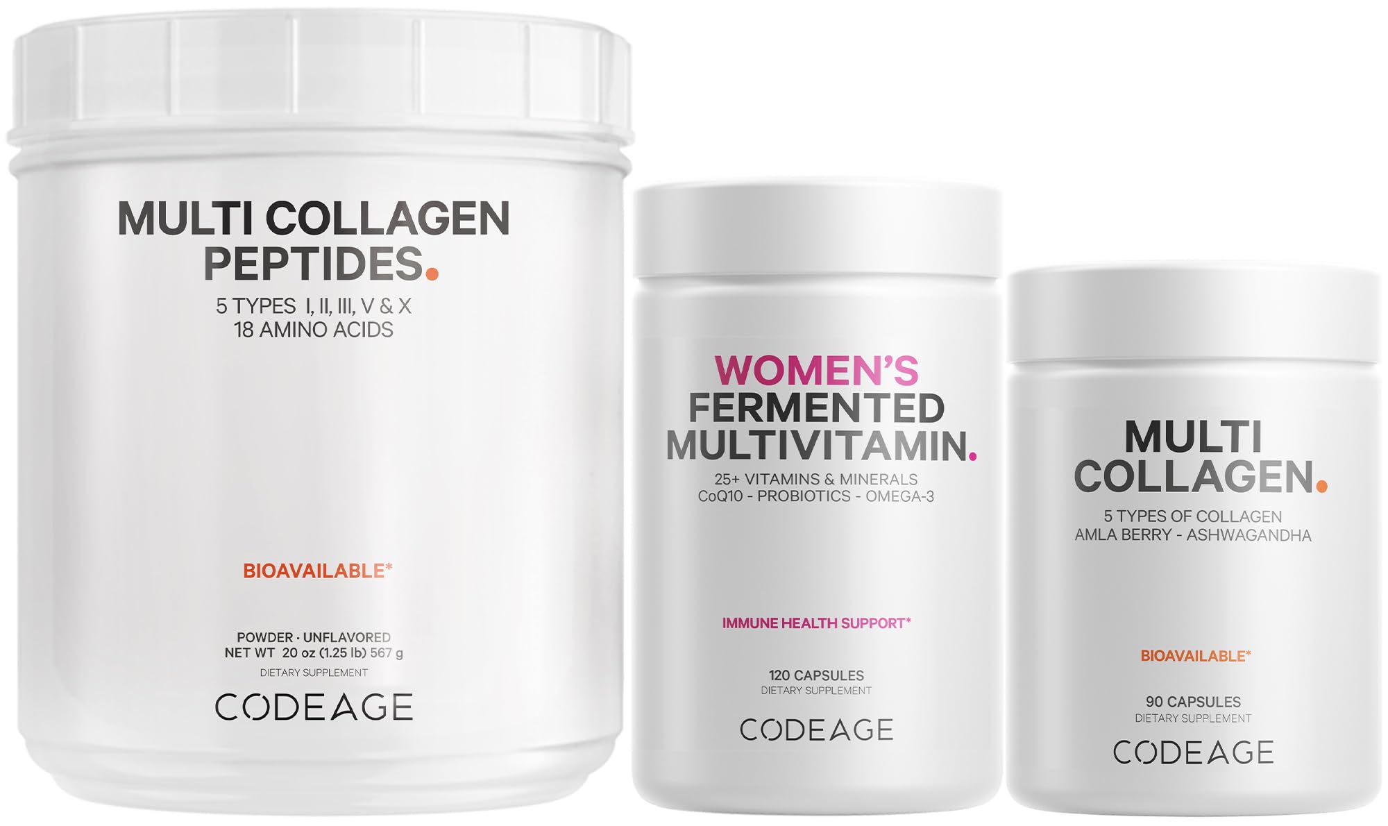 Codeage Multi Collagen Protein Capsules & Powder Peptides with Women's Daily Multivitamin Bundle - 25+ Vitamins & Minerals, Omega-3, Enzymes, Probiotics, Vitamin C, Zinc, Biotin - Non-GMO Supplement for Skin, Hair & Joint Health - Perfect for Women's Wellness Routine