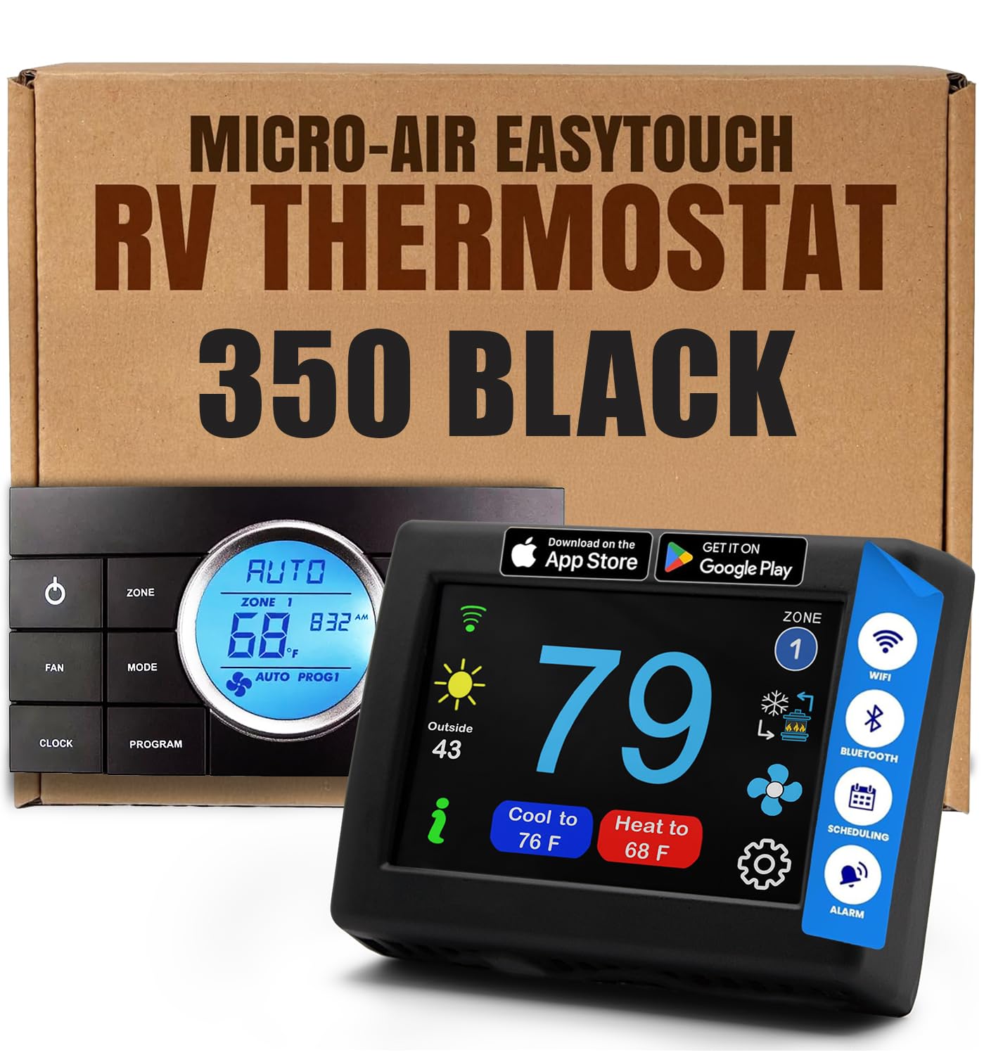 MICRO-AIR EasyTouch Digital WiFi & Bluetooth Thermostat - Programmable RV Thermostat Replacement for Dometic - Works with Heat & AC - Perfect for RV Camping & Outdoor Adventures (350 Black) | Smart Temperature Control for Your RV, Camper, or Tiny Home