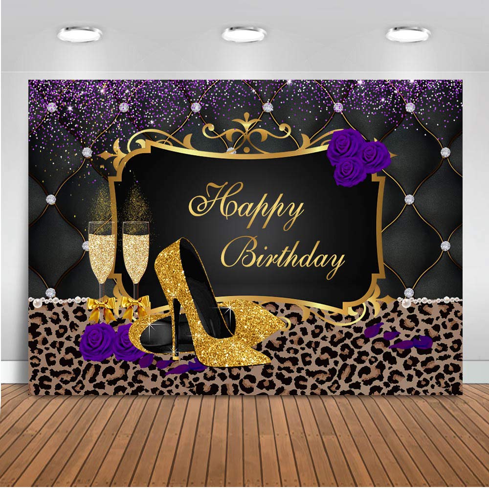 Purple Gold Leopard Print High Heels Birthday Backdrop - 5'x3' Glitter Photography Background for Women's Party, Birthday Celebration & Photo Shoot Decor