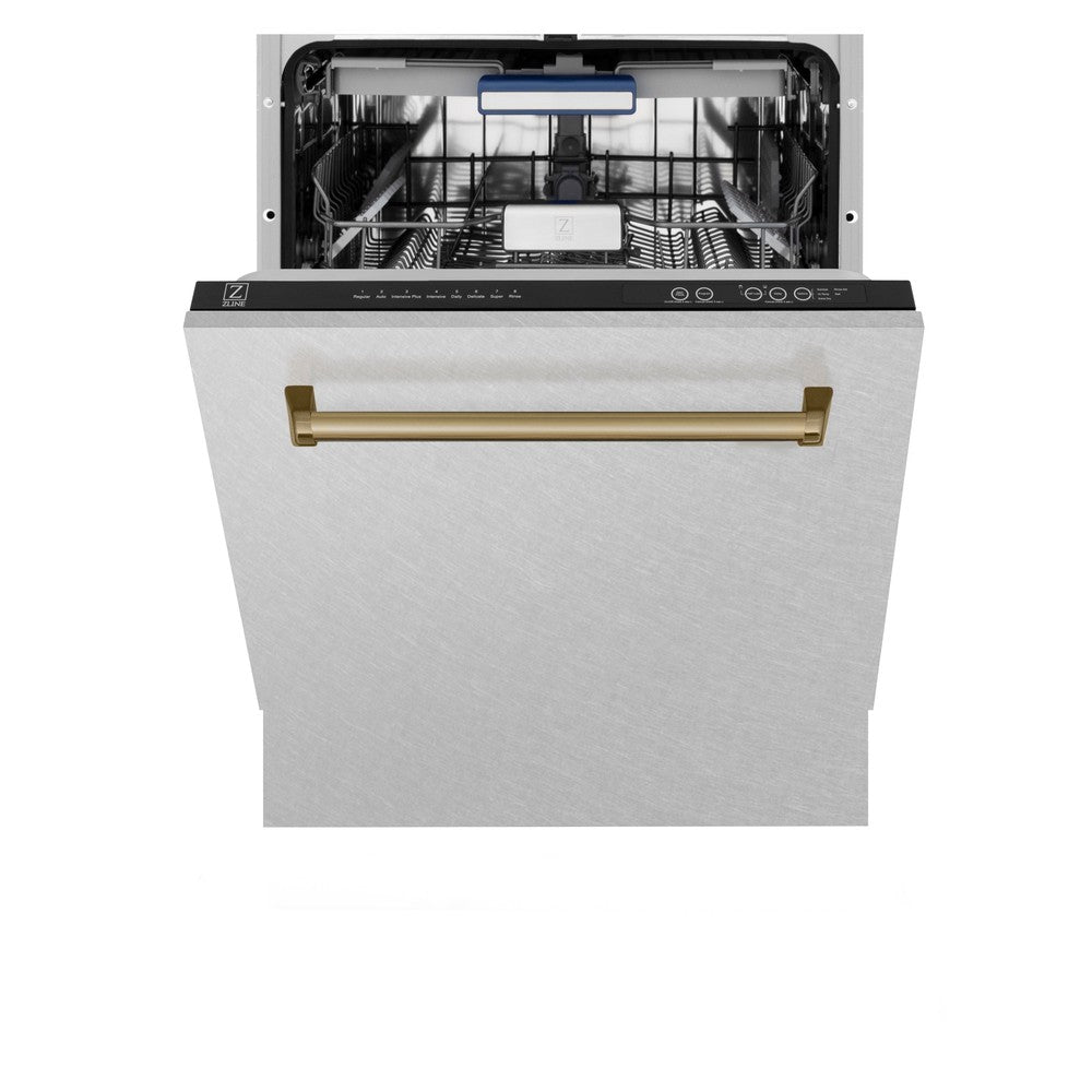 ZLINE Autograph Edition 24-inch Built-In Tall Tub Dishwasher with 3rd Rack - Satin Stainless Steel Panel & Champagne Bronze Handle - 51dBa Quiet Operation (DWVZ SN 24 CB) - Perfect for Modern Kitchens and Open-Concept Homes