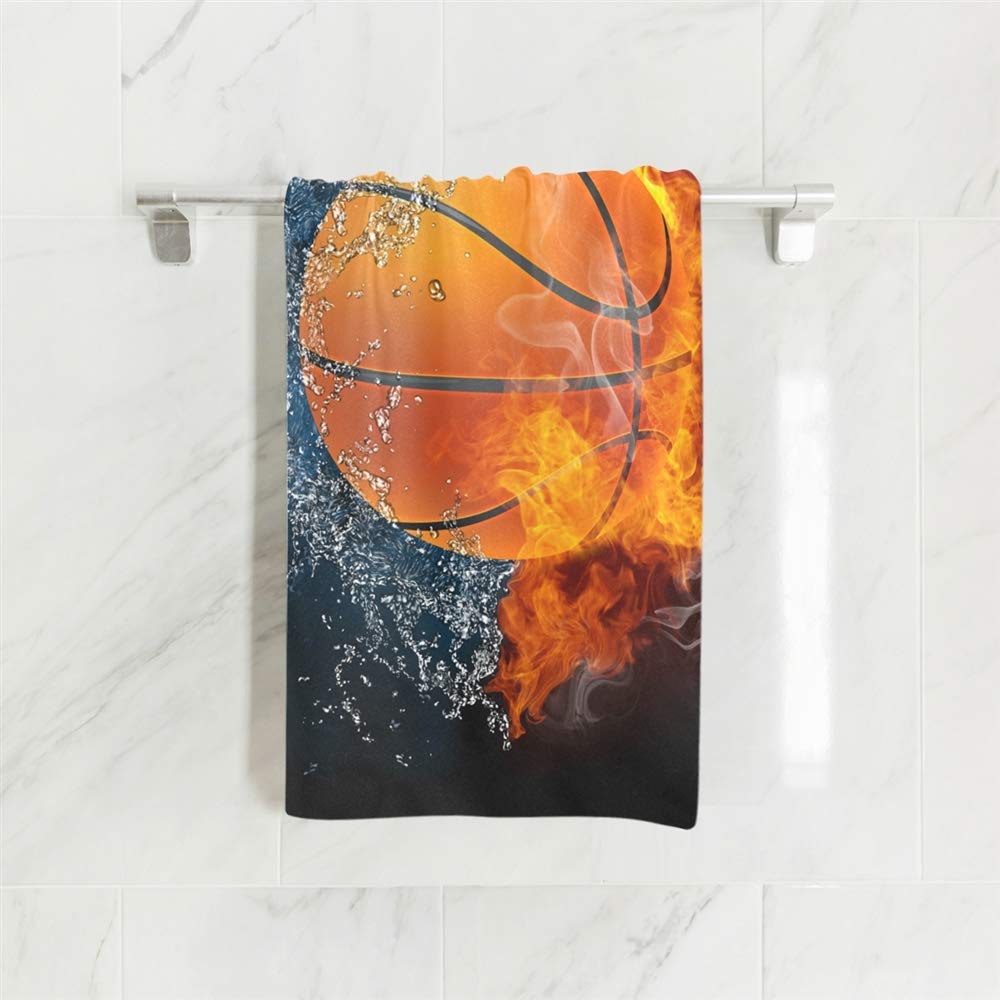 Fire and Water Basketball Design Hand Towel - Soft Absorbent Washcloth for Face, Gym, Spa & Hotel Use - Perfect for Sports Enthusiasts and Basketball Fans