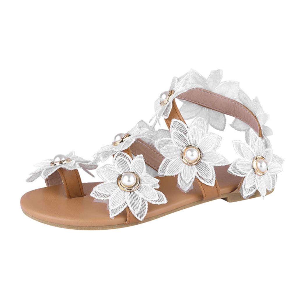Vacger Women's Floral Pearl Flat Sandals - Fashion Toe Ring Beach Shoes for Summer Outings