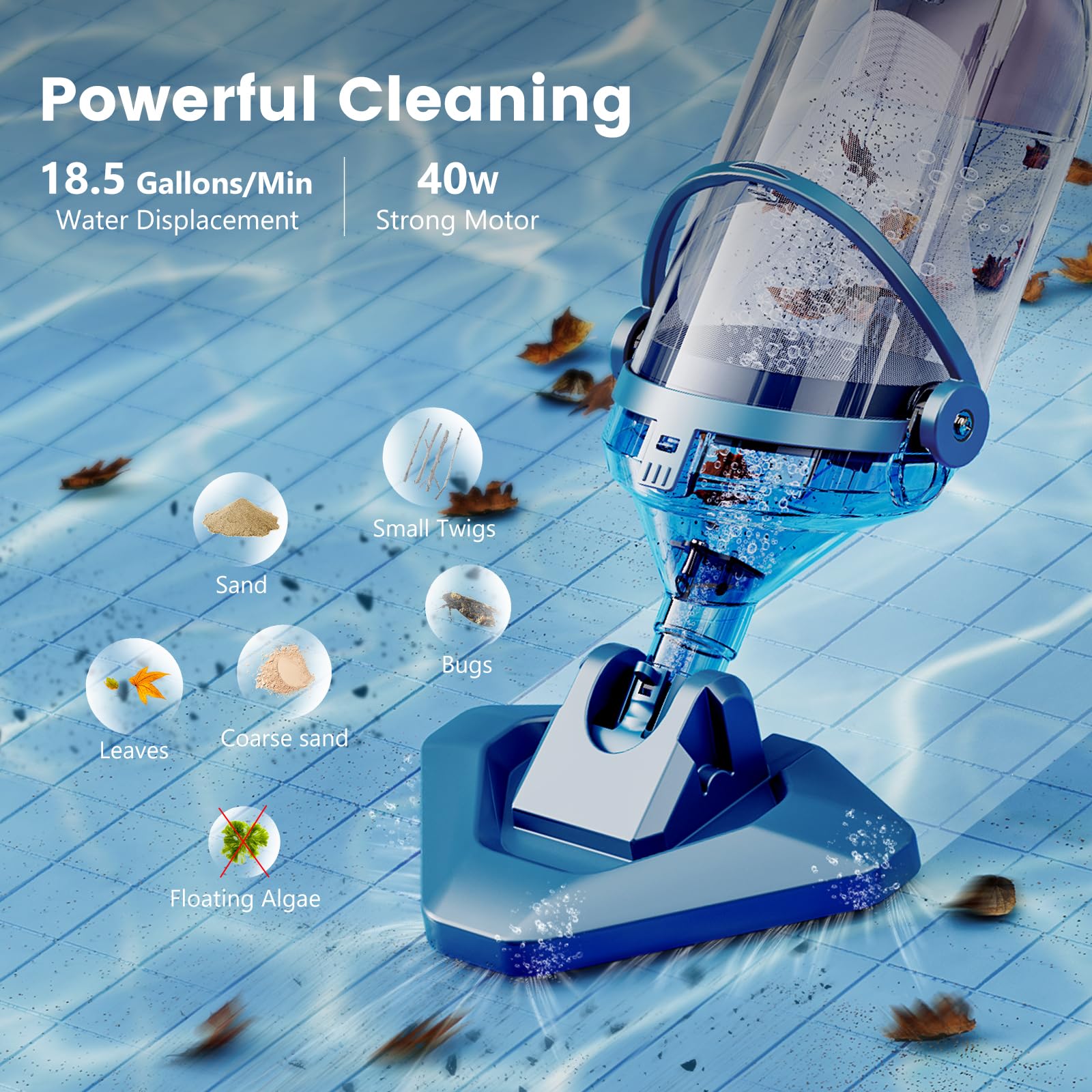 2024 Upgraded Rechargeable Pool Vacuum Cleaner for Above Ground Pools - Telescopic Pole, 1H Runtime, 18.5 GPM Powerful Suction - Ideal for Quick Cleaning of Leaves, Debris & Fine Sand in Backyard Swimming Pools (Model T403)