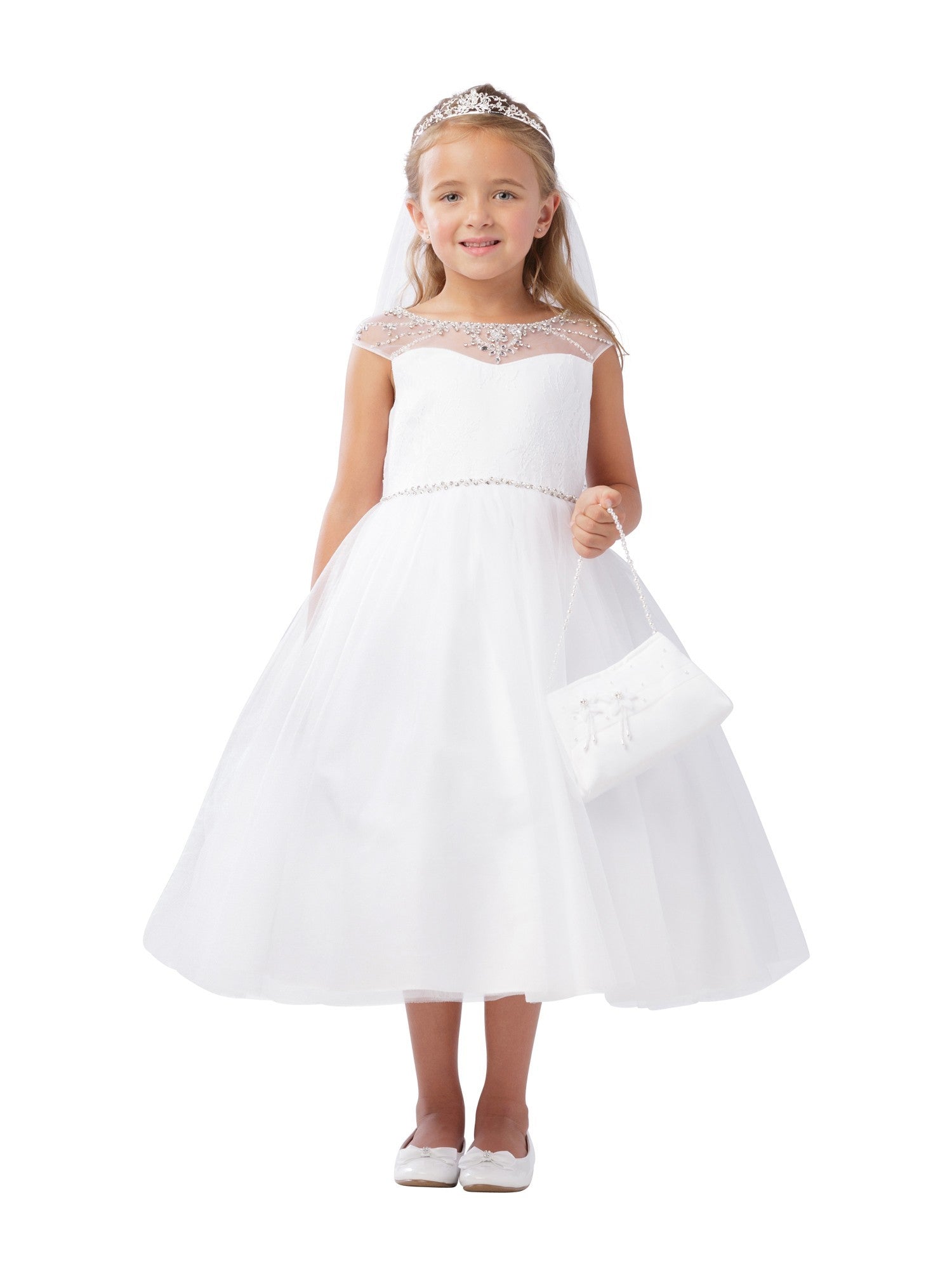 Ivory Illusion Neckline Pearl Embellished Junior Bridesmaid Dress for Big Girls Size 8-16 - Perfect for Weddings, Prom & Formal Occasions