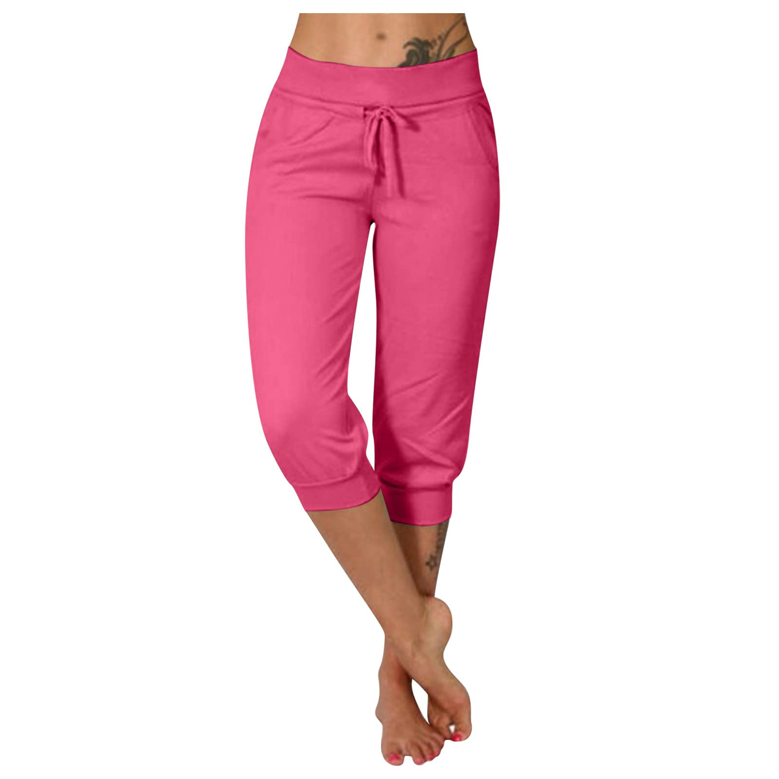 Women's High Waist Capri Pants - Slim Fit Casual Running Shorts with Pockets & Lace Up Design | Solid Color Athletic Shorts for Yoga, Gym, Workout & Everyday Wear
