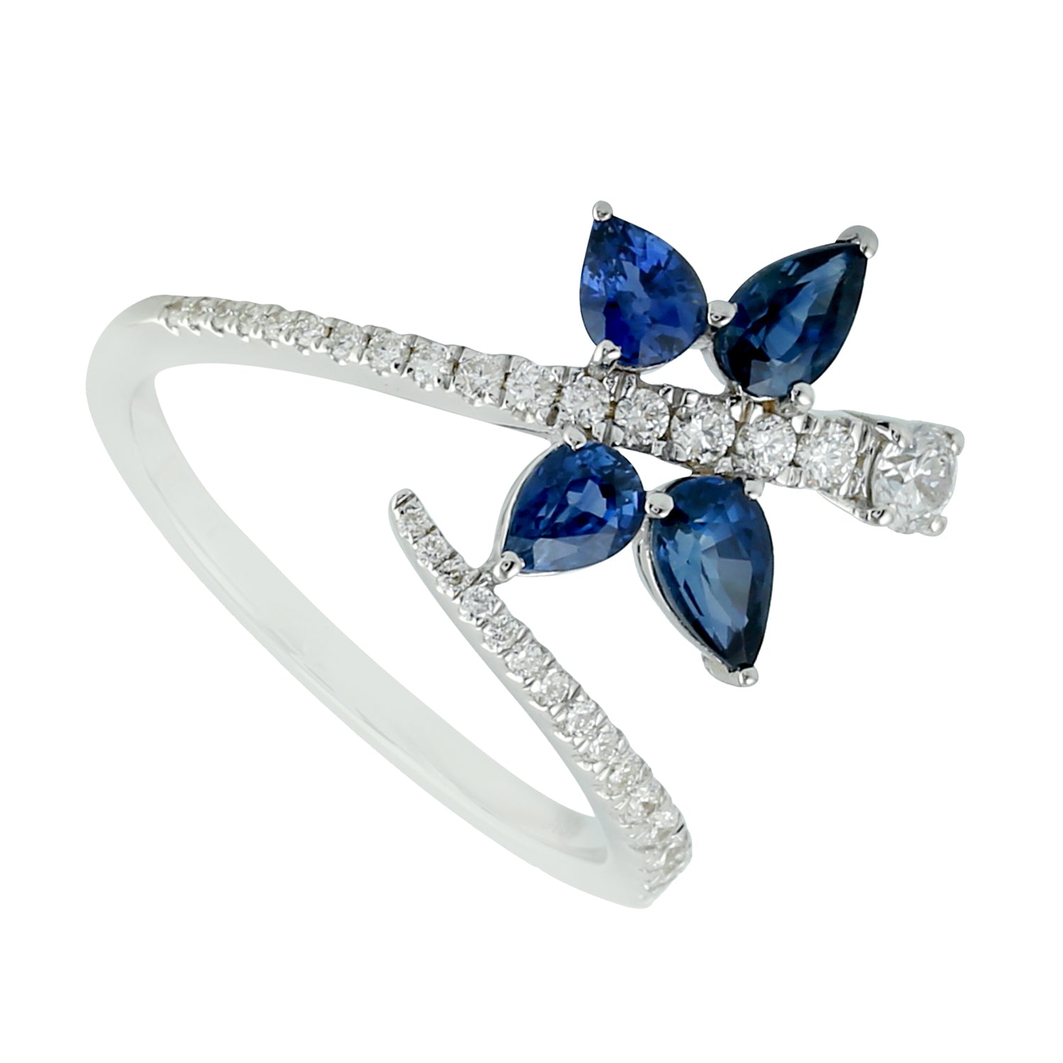 18K White Gold Pear Cut Blue Sapphire & Diamond Bypass Ring – Elegant Pave Setting for Engagement, Anniversary & Special Occasions