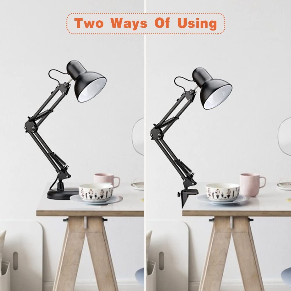 Powerking Swing Arm LED Desk Lamp - Adjustable Architect Task Light with Clamp, Classic Black Desk Lamp for Home, Dorm & Office (Bulb Not Included) | Perfect for Reading, Studying & Workspace Lighting
