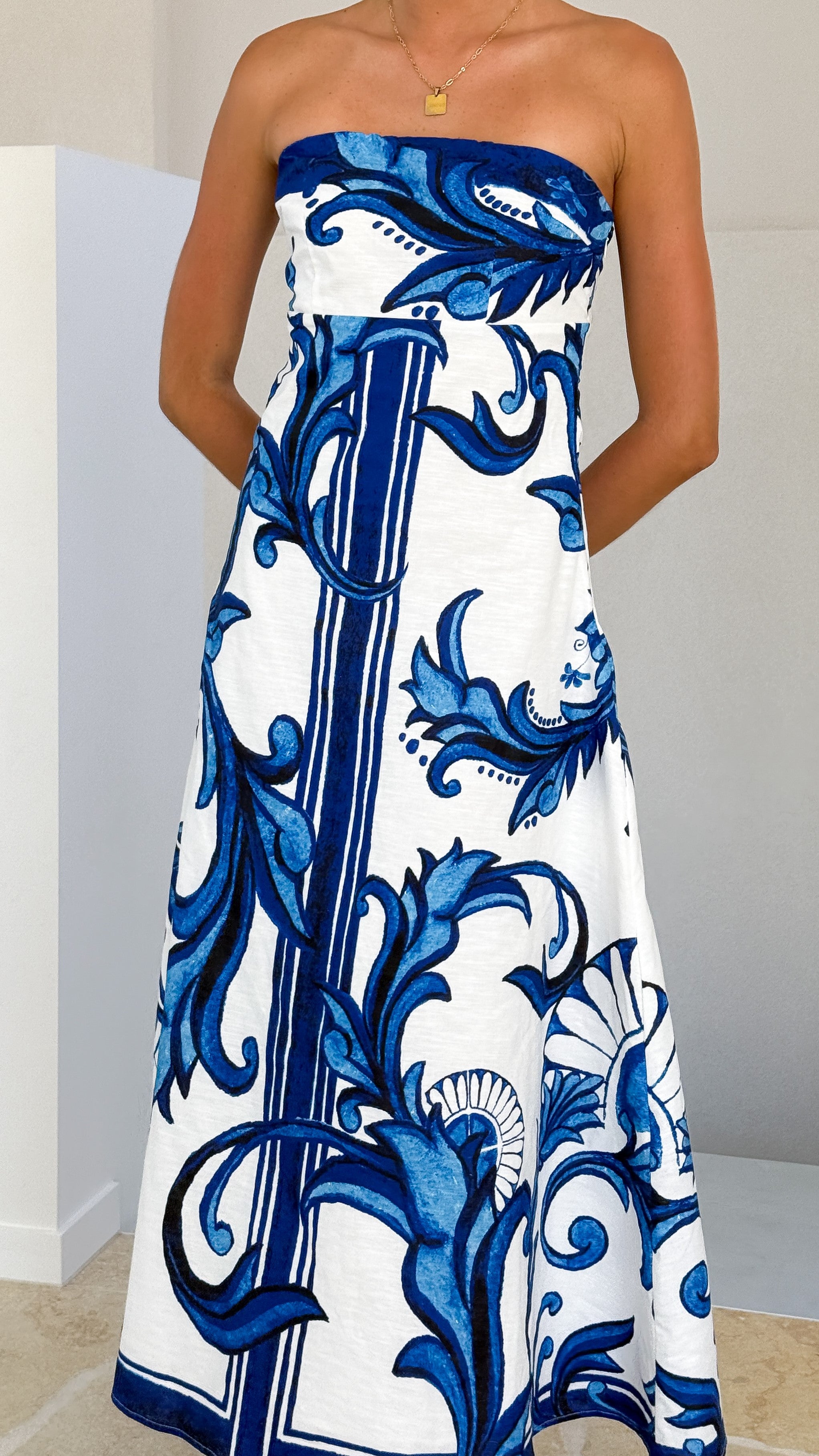 Madra Maxi Dress for Women - Elegant Sapphire & White Zayna Pattern - Perfect for Beach Vacations, Summer Parties & Boho Fashion
