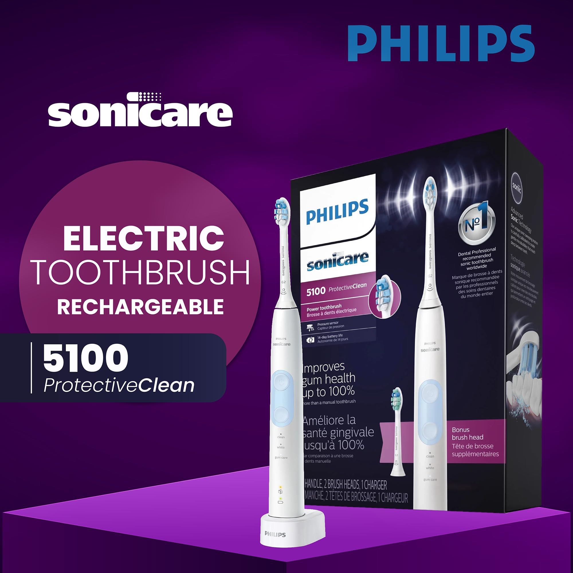 Philips Sonicare ProtectiveClean 6100 Rechargeable Electric Toothbrush with Pressure Sensor & Plaque Control Brush Head - Professional Sonic Toothbrush for Whitening, Gum Health & Deep Cleaning - Perfect for Travel, Home & Daily Oral Care