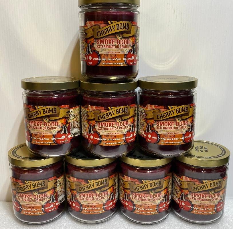 Smoke Odor Eliminator Candle - Cherry Bomb Scent, 13oz Jar (Pack of 8) | Long-Lasting Air Freshener for Home, Car, Office & After Fire Cleanup