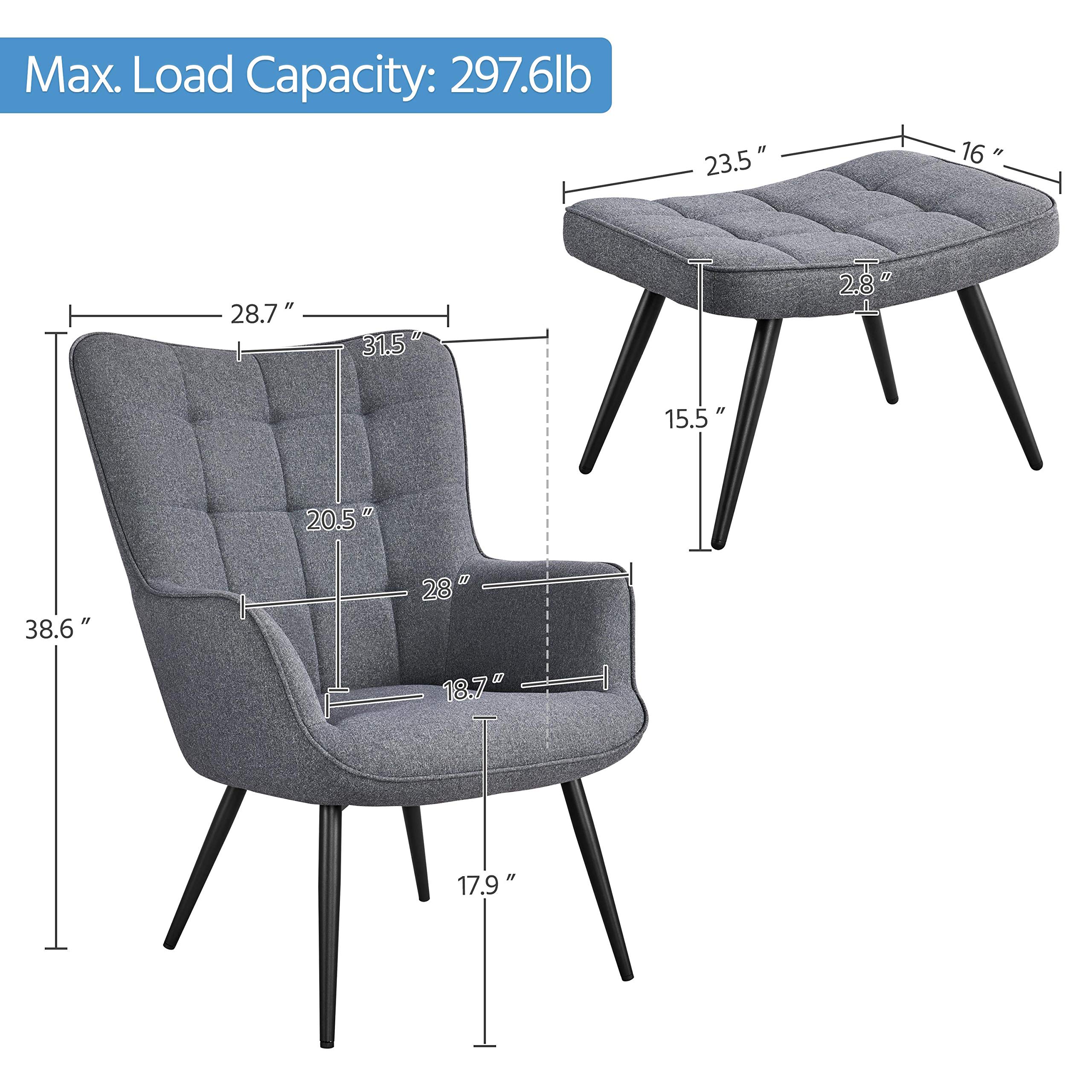 Topeakmart Grey Fabric Accent Chair with Ottoman Set - Upholstered Living Room Armchair & Footrest Sofa for Bedroom, Office, Lounge - Comfortable Seating for Relaxing, Reading, and Entertaining