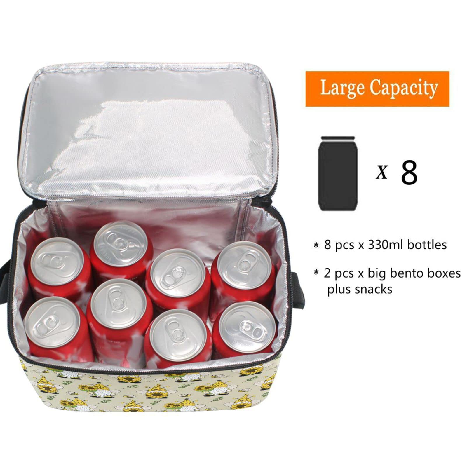 Insulated Lunch Bag Cooler with Gnome Sunflower Bee Design - Reusable Lunch Box for School, Office, Travel & Picnic - Perfect for Women, Men & Kids - Keep Food Fresh for Hours