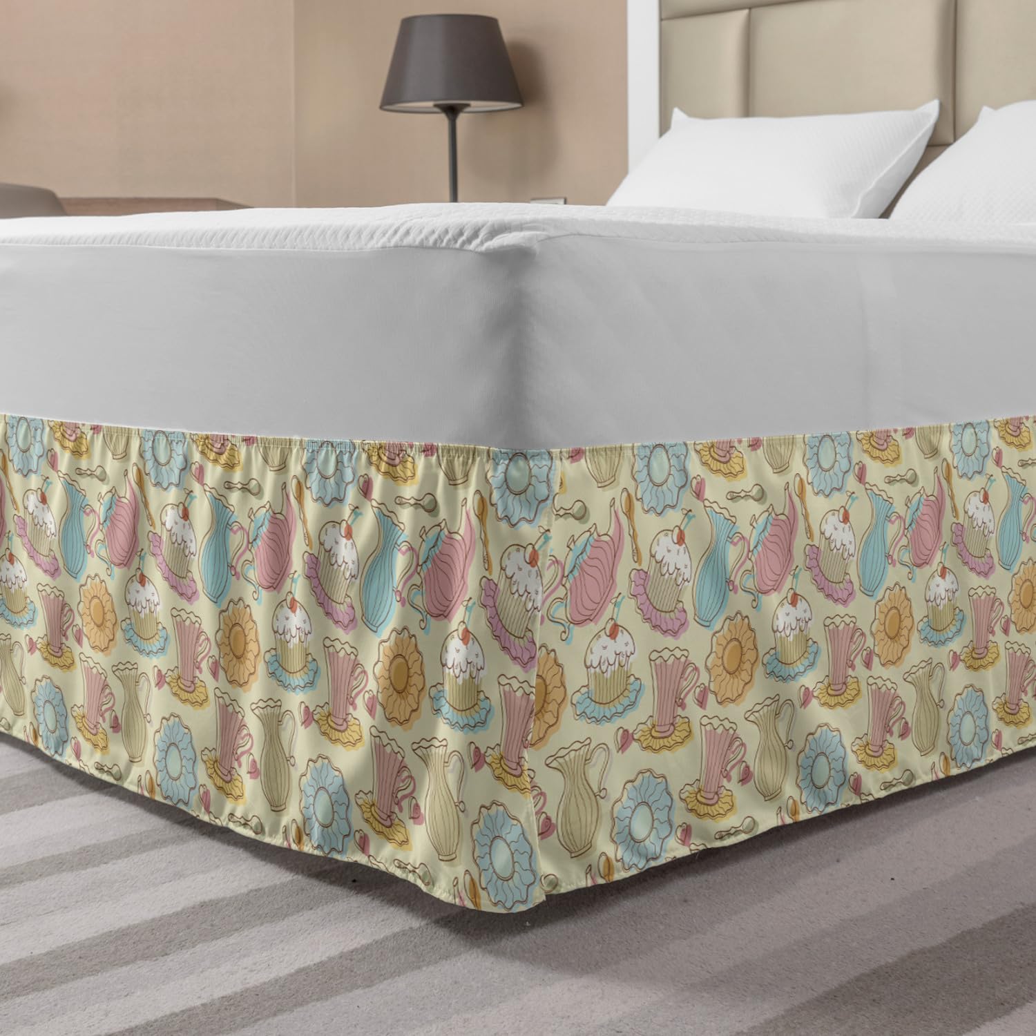 Ambesonne Tea Party Bed Skirt - Hand-Painted Traditional Cake with Frosting & Dishes on Heart Pattern, Elastic Wrap-Around Dust Ruffle for King Size Beds | Perfect for Vintage-Themed Bedroom Decor & Tea Party Room Styling