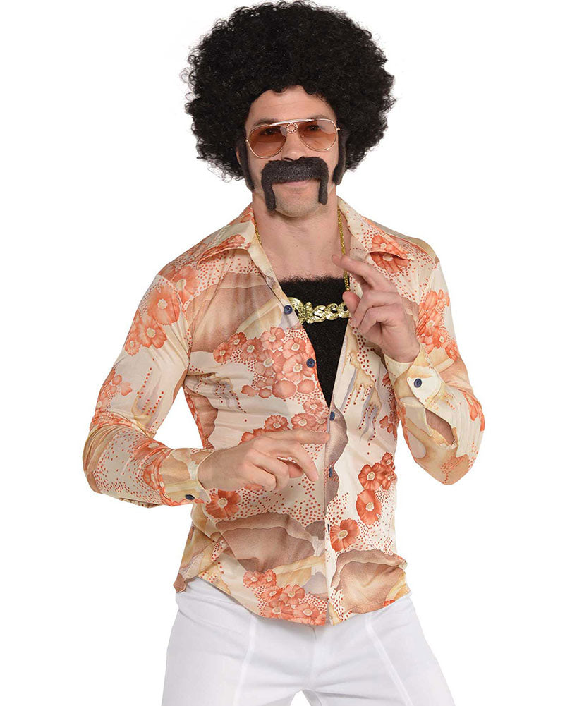 70s Disco Costume Wig Set - Curly Black Hair with Sideburns, Mustache & Chest Hair - Perfect for Halloween, Cosplay & 70s Theme Parties
