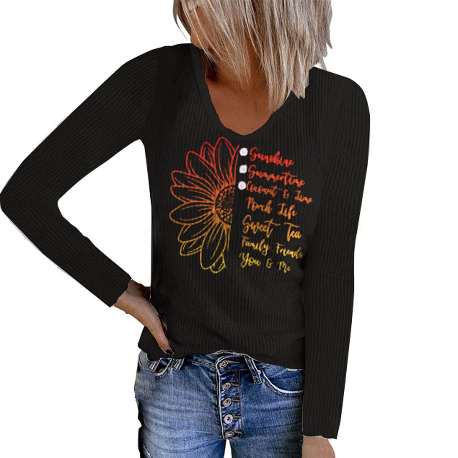 Women's Long Sleeve Crew Neck Ribbed Knit Button Up T-Shirt - Printed Fall Top for Casual Wear, Office & Layering (Pack of 2)