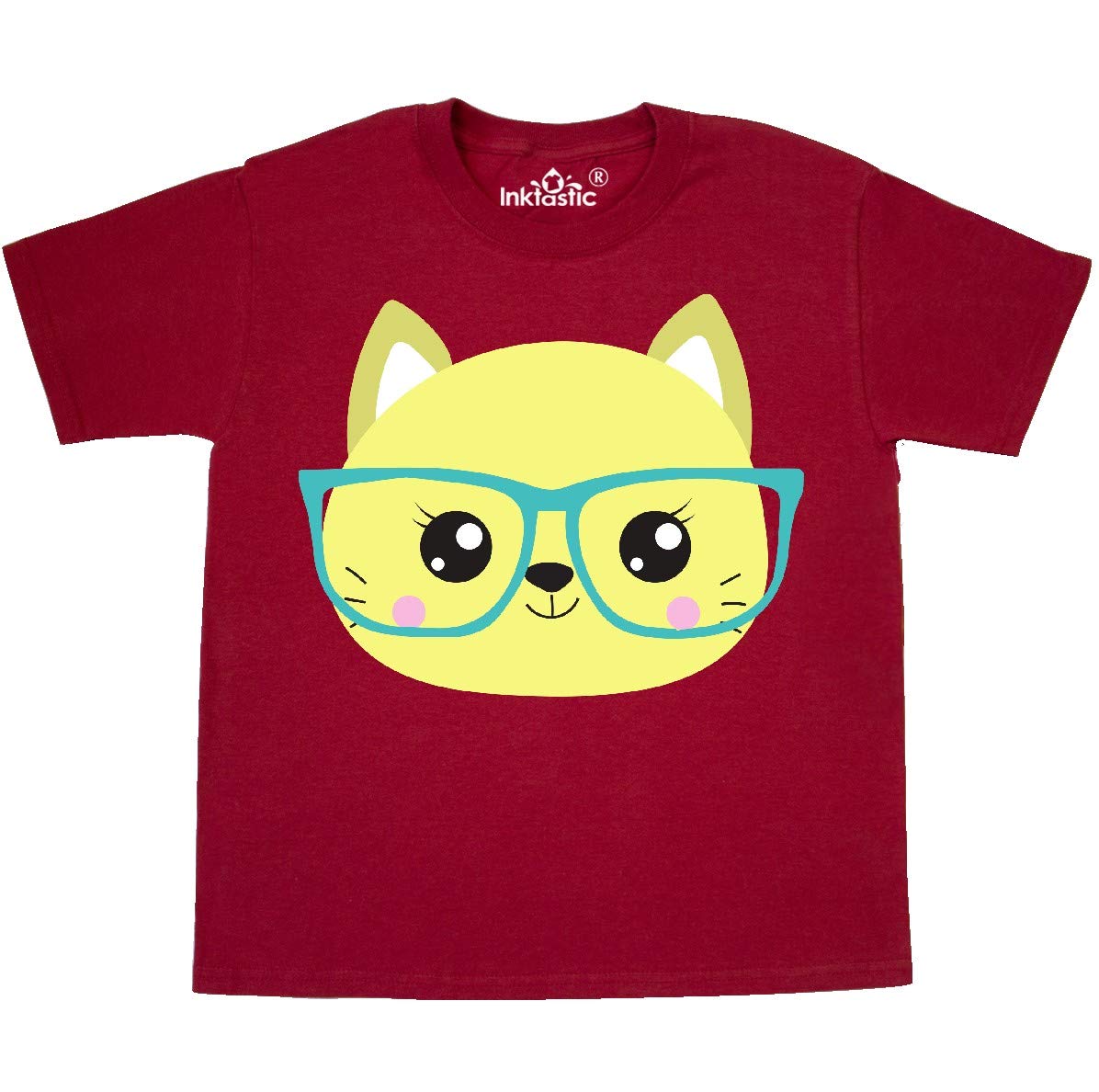 Inktastic Hipster Cat with Glasses - Cute Kitten Graphic Youth T-Shirt for Boys & Girls | Fun Casual Wear for School, Parties & Cat Lovers