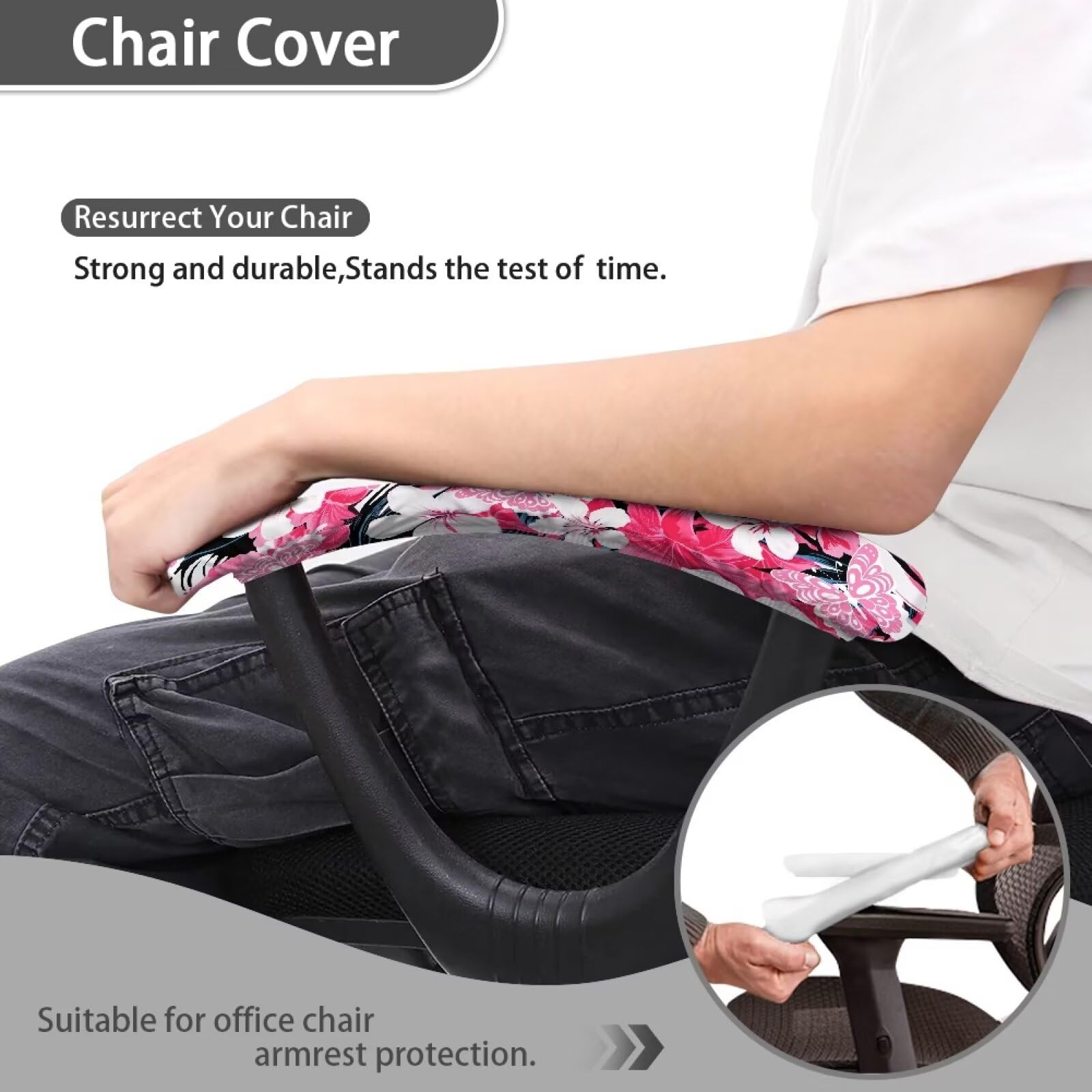 Hibiscus Butterfly Print Stretchy Soft Office Chair Armrest Covers Set of 2 - Removable Washable Arms Protector for Computer Desk Chairs (Pink) - Perfect for Home Office, Gaming & Workspace Comfort