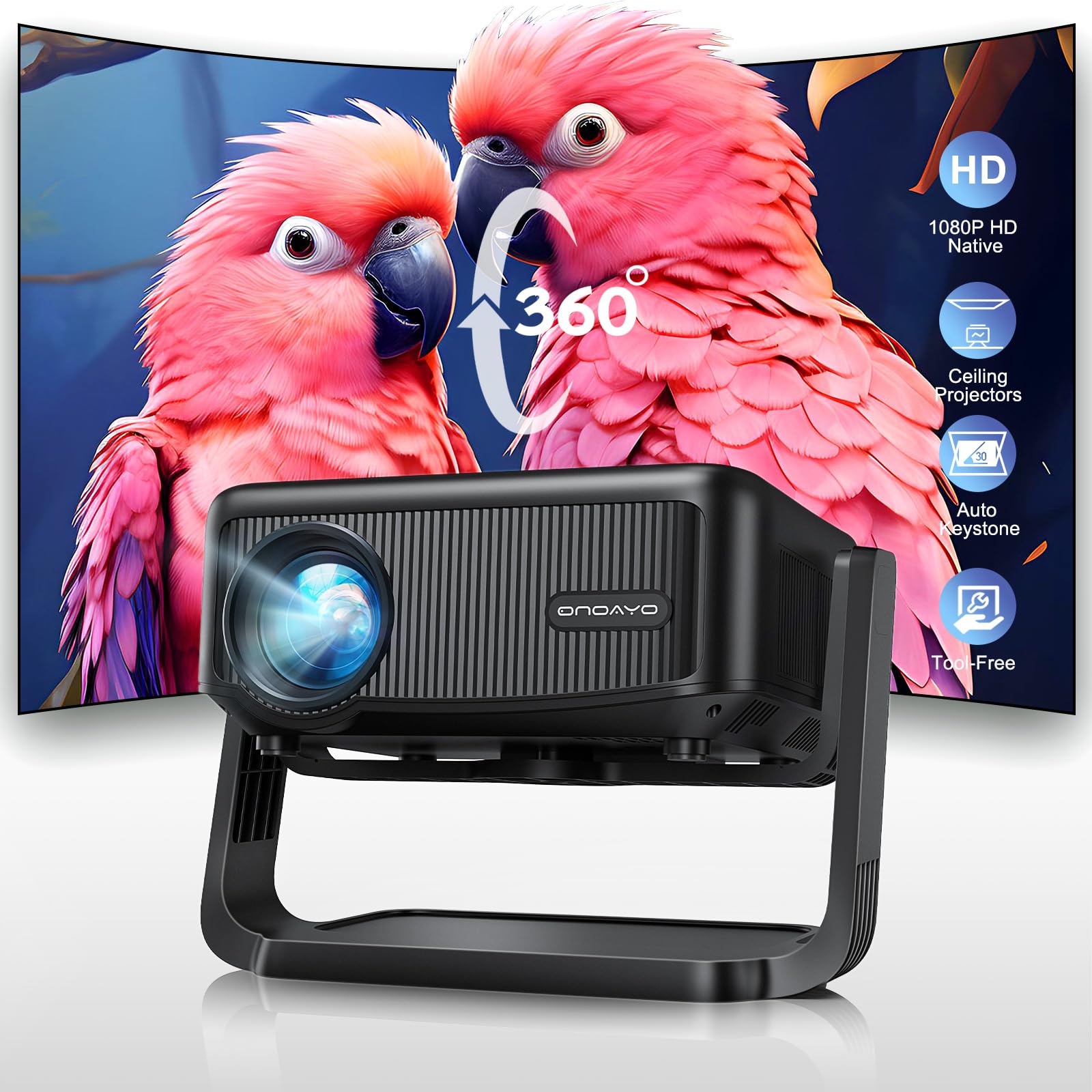 ONOAYO AY3 1080P Mini Projector with WiFi & Bluetooth - 500 ANSI Lumens, Auto Keystone & Electric Focus, 360° Adjustable Stand - Portable Home Theater Projector for Movies, Gaming & Outdoor Entertainment