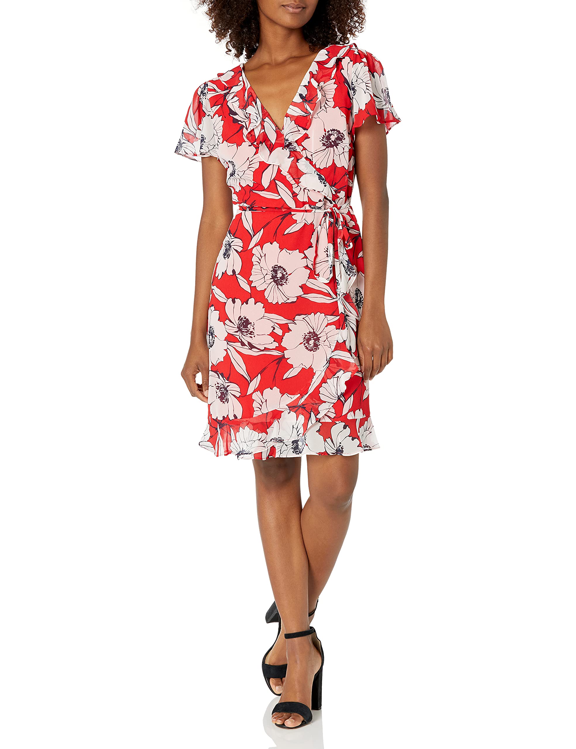 KARL LAGERFELD Women's Faux Wrap Ruffle Chiffon Dress - Elegant Flowy Midi Dress for Cocktail Parties, Weddings & Special Occasions