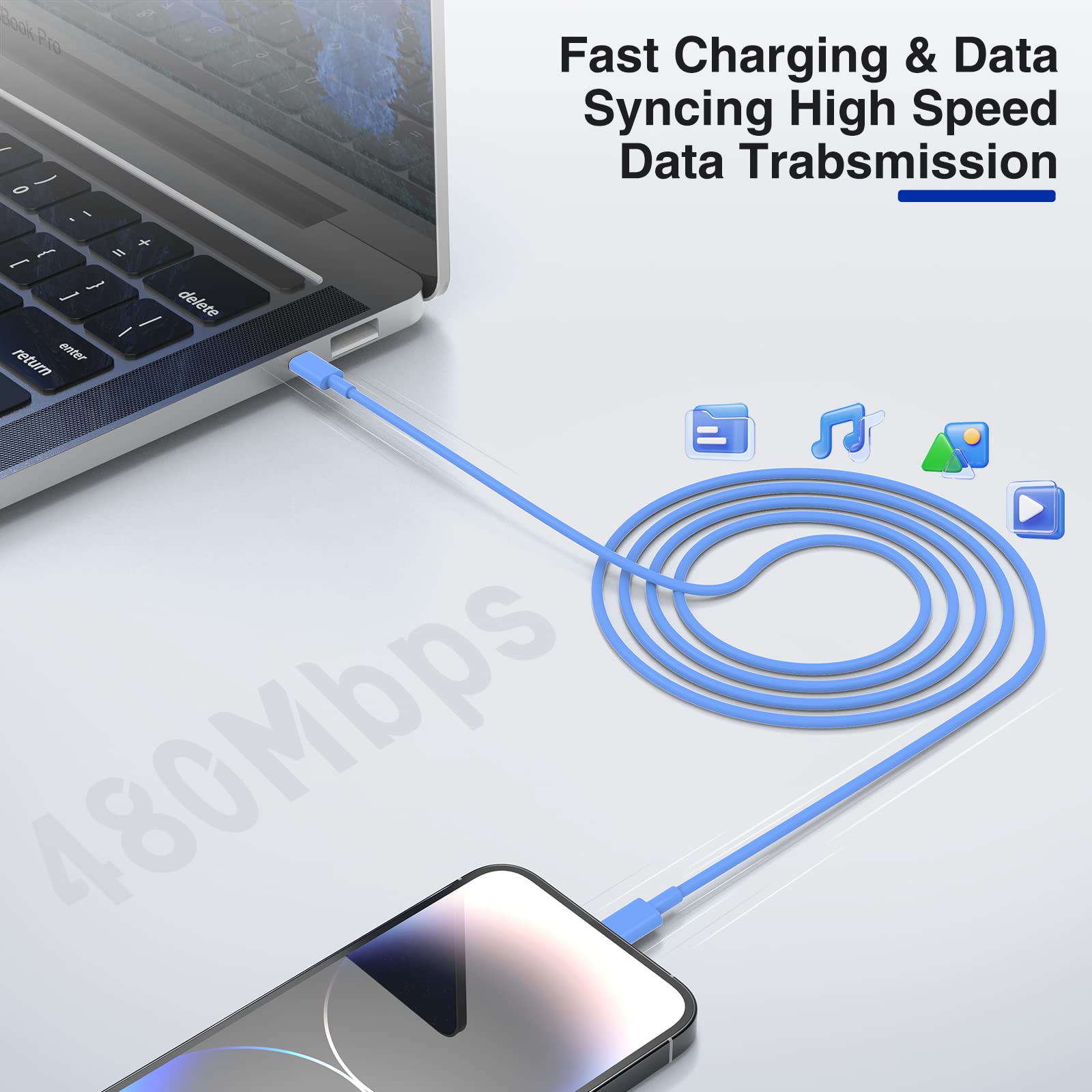 10ft iPhone Fast Charger with 20W USB C Wall Adapter - Type C to Lightning Cable for iPhone 14/13/12/11/Pro Max/Plus & iPad - 2 Pack Blue - Perfect for Home, Office & Travel Charging