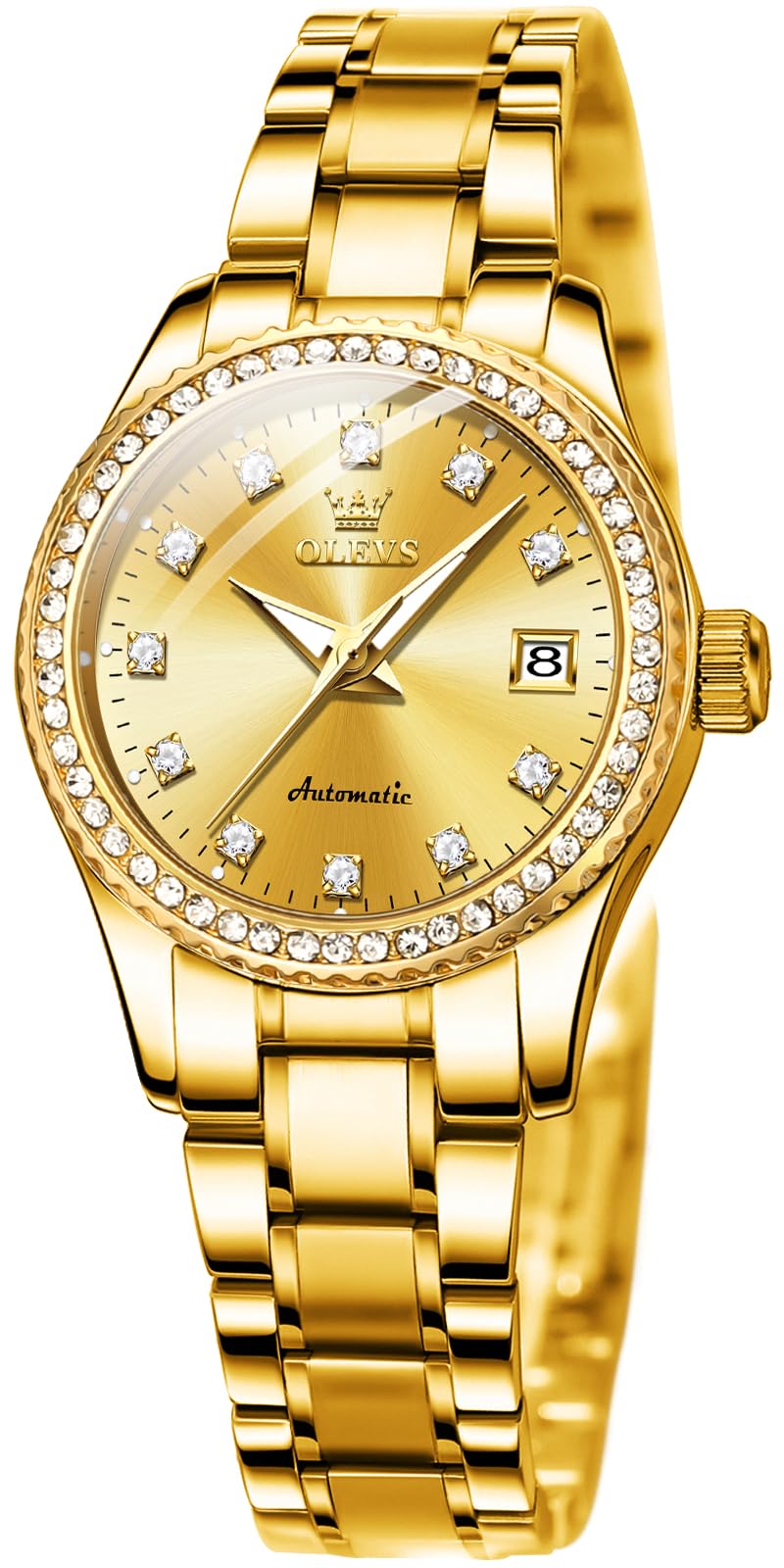 OLEVS Women's Automatic Diamond Watch - Stainless Steel Self-Winding Ladies Dress Wristwatch with Luminous Hands & Waterproof Design | Perfect for Business, Evening Events & Everyday Wear