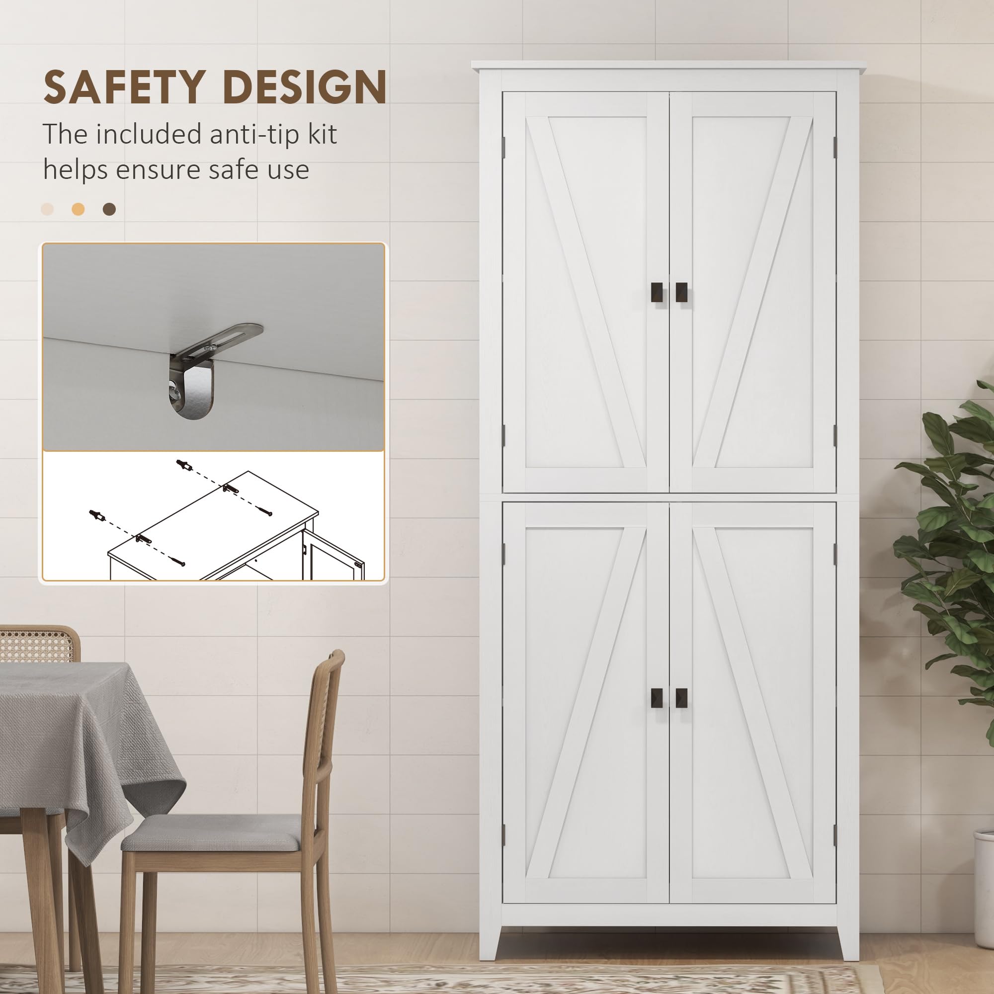 HOMCOM 72 Inch Freestanding Kitchen Pantry Cabinet - Farmhouse Style Tall Storage Cabinet with 4 Doors & Adjustable Shelves for Dining Room, Living Room, Kitchen - White Organizer for Food, Dishes & Home Essentials