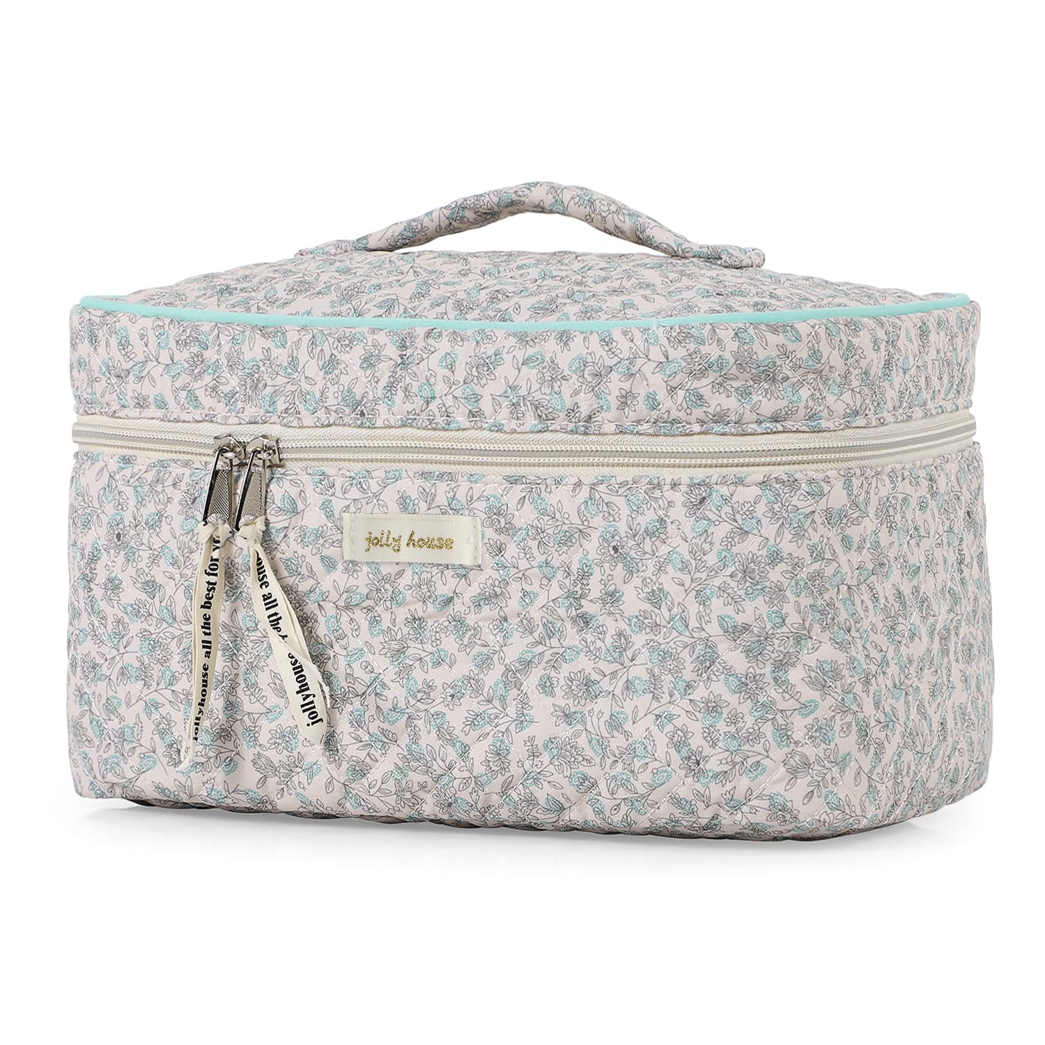 Sightor Large Cotton Quilted Makeup Bag with Handle - Cute Floral Cosmetic & Toiletry Travel Bag for Women (Green) - Perfect for Travel, Gym, and Daily Organizer