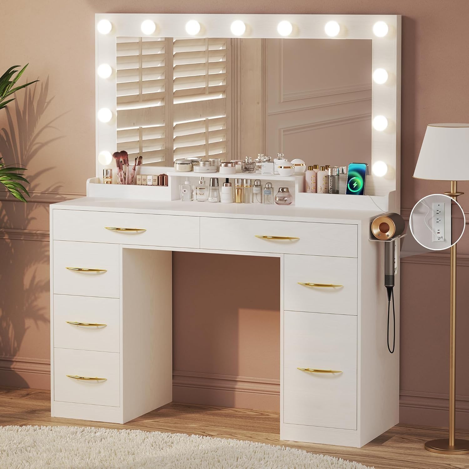 White Makeup Vanity Desk with LED Lights & Large Mirror - Adjustable 3-Color Lighting, Power Outlets & Spacious Drawers - Perfect Dressing Table for Bedroom, Beauty Salon, or Home Studio