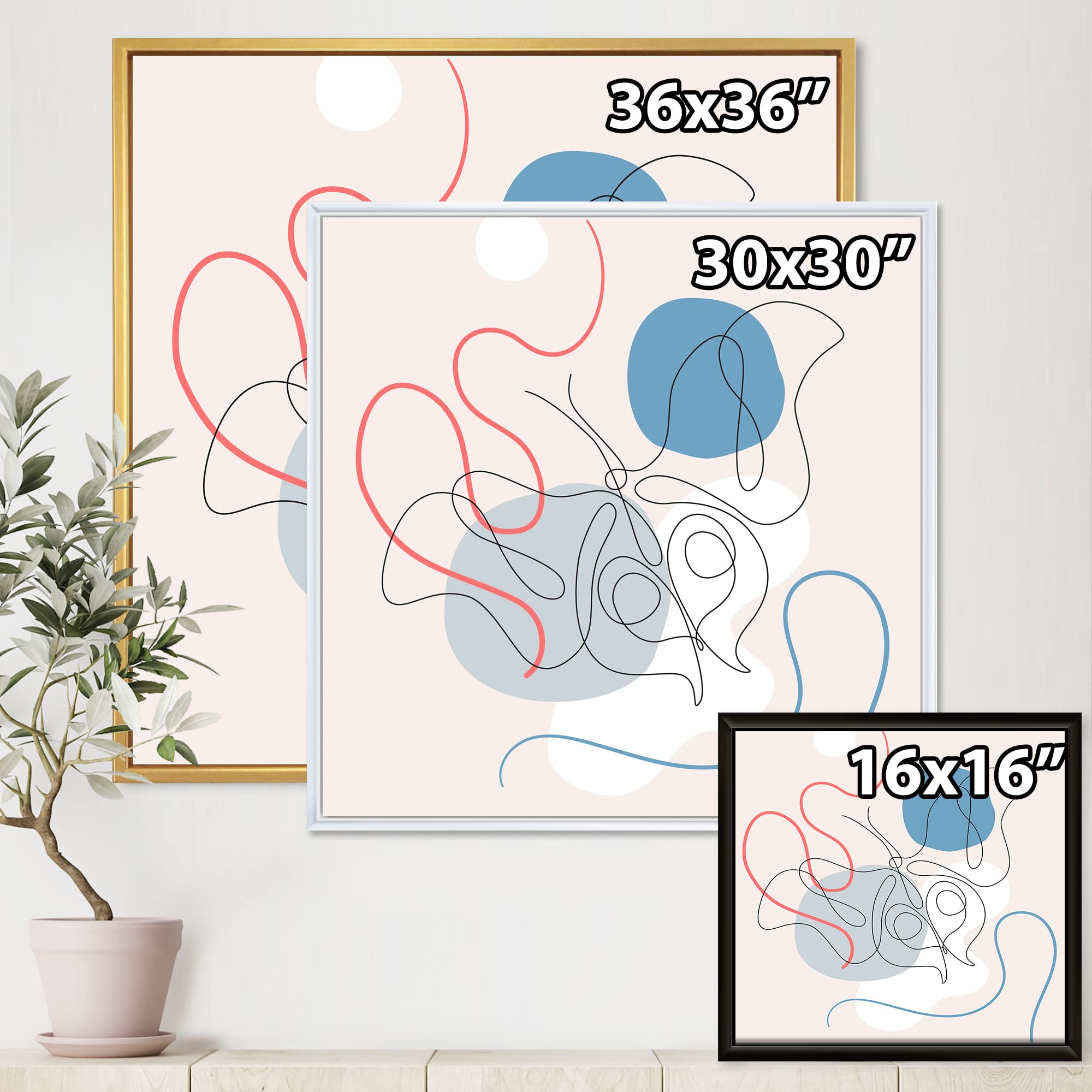 Butterfly One Line Drawing on Cubism Shapes II - Modern Framed Canvas Wall Art Print for Living Room, Bedroom & Office Decor
