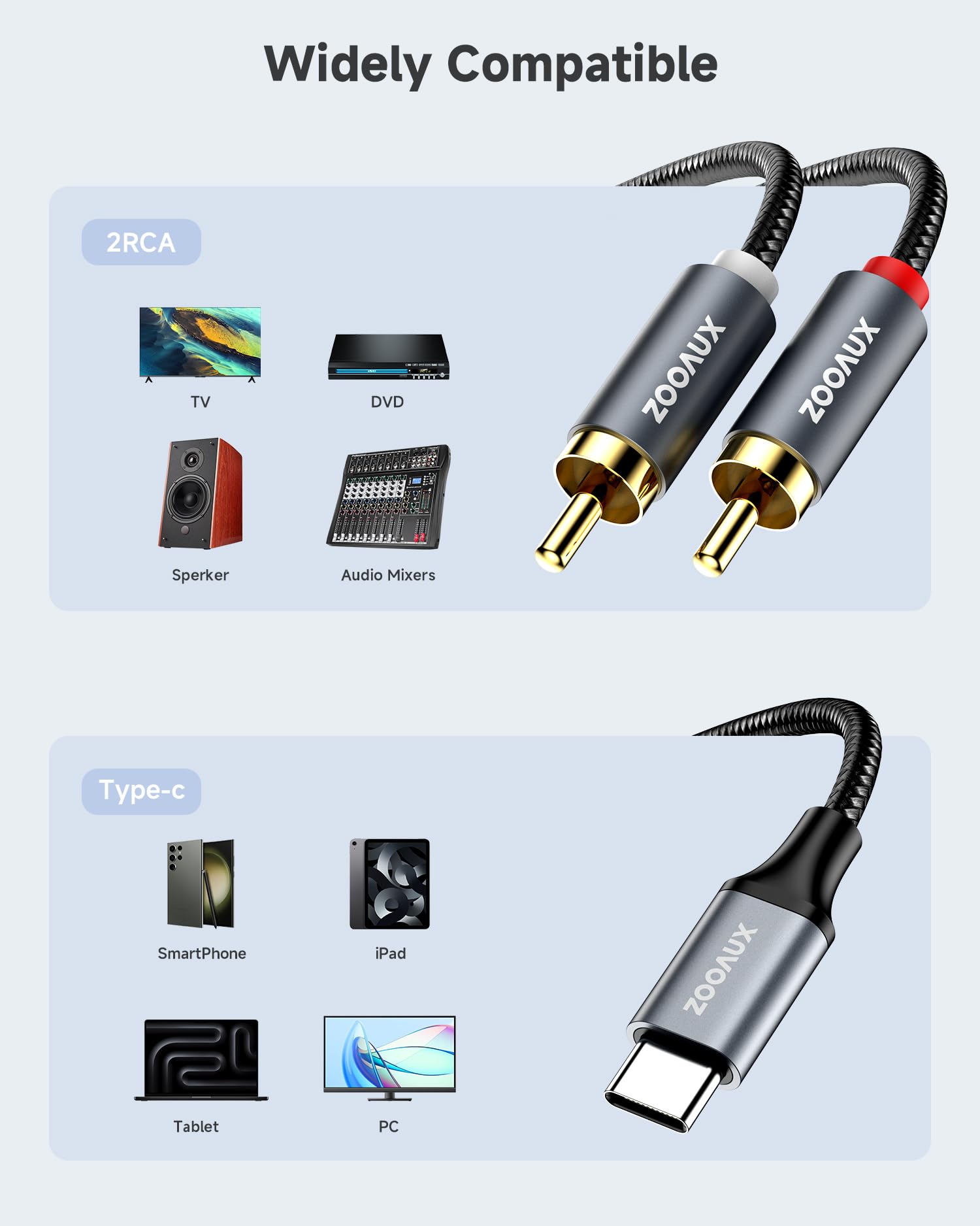 ZOOAUX USB C to RCA Audio Cable - 4FT Type C to 2RCA Male Adapter for iPhone 16/15, Samsung, Pixel - Car Stereo, Home Theater & Speaker Connection - Compatible with Amplifiers, Sound Systems & Aux Devices