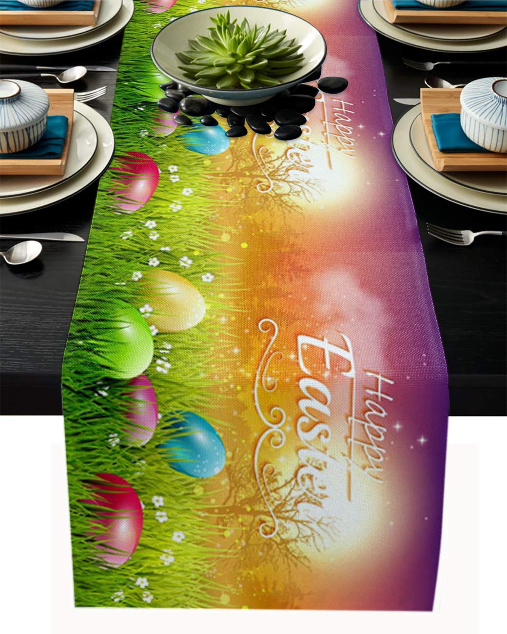 Easter Table Runner - 13x70 Inch Cotton Linen Spring Floral Tablecloth with Non-Slip Backing, Easter Eggs in Grass Design for Holiday Parties, Kitchen & Home Decor - Perfect for Easter Celebrations, Spring Gatherings & Dining Table Styling