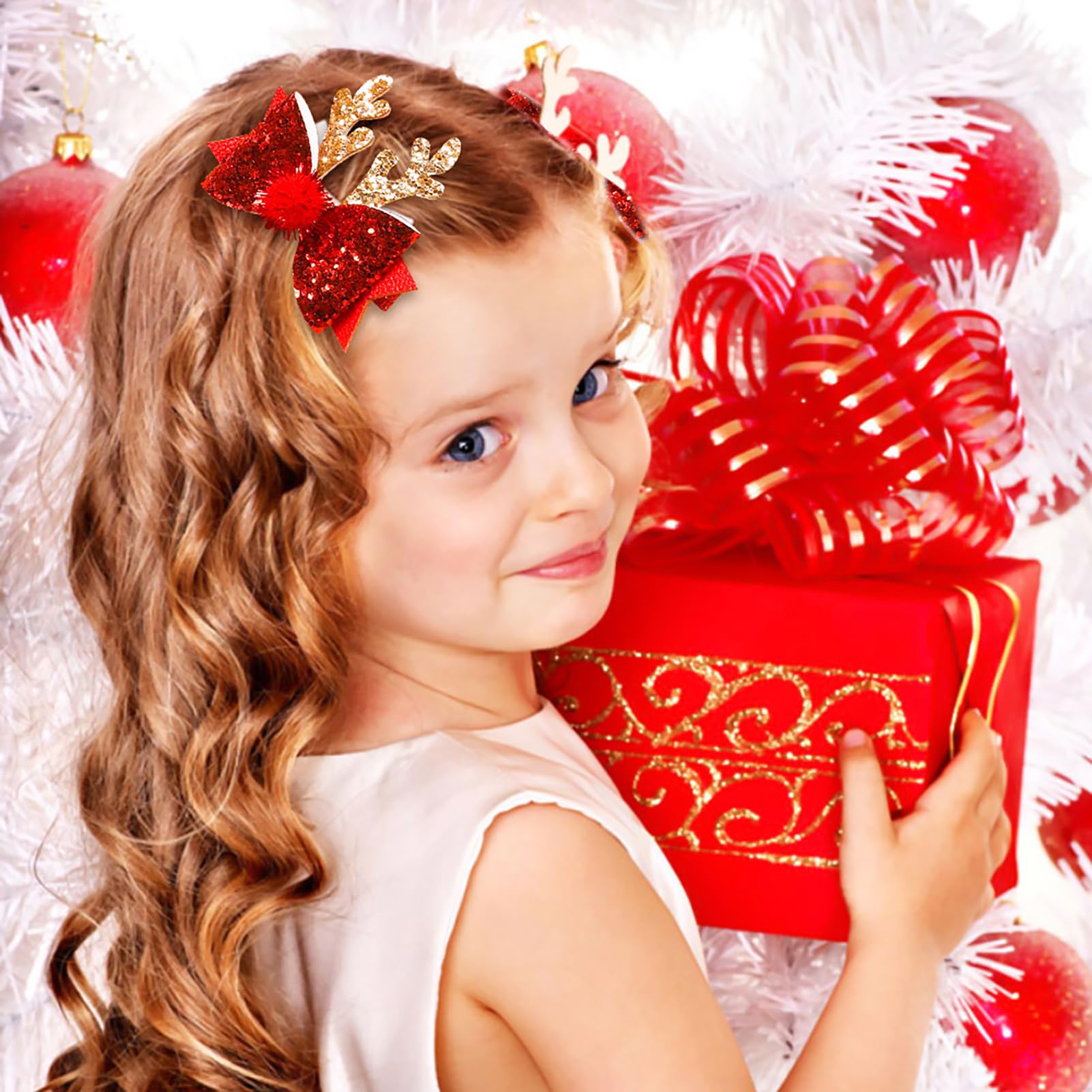 4 Pcs Christmas Hair Clips - Cute Reindeer Antlers Hair Accessories with Glitter Sequins for Women Girls Kids | Xmas Party, Holiday Cosplay, Gift Giving & Festive Outfits