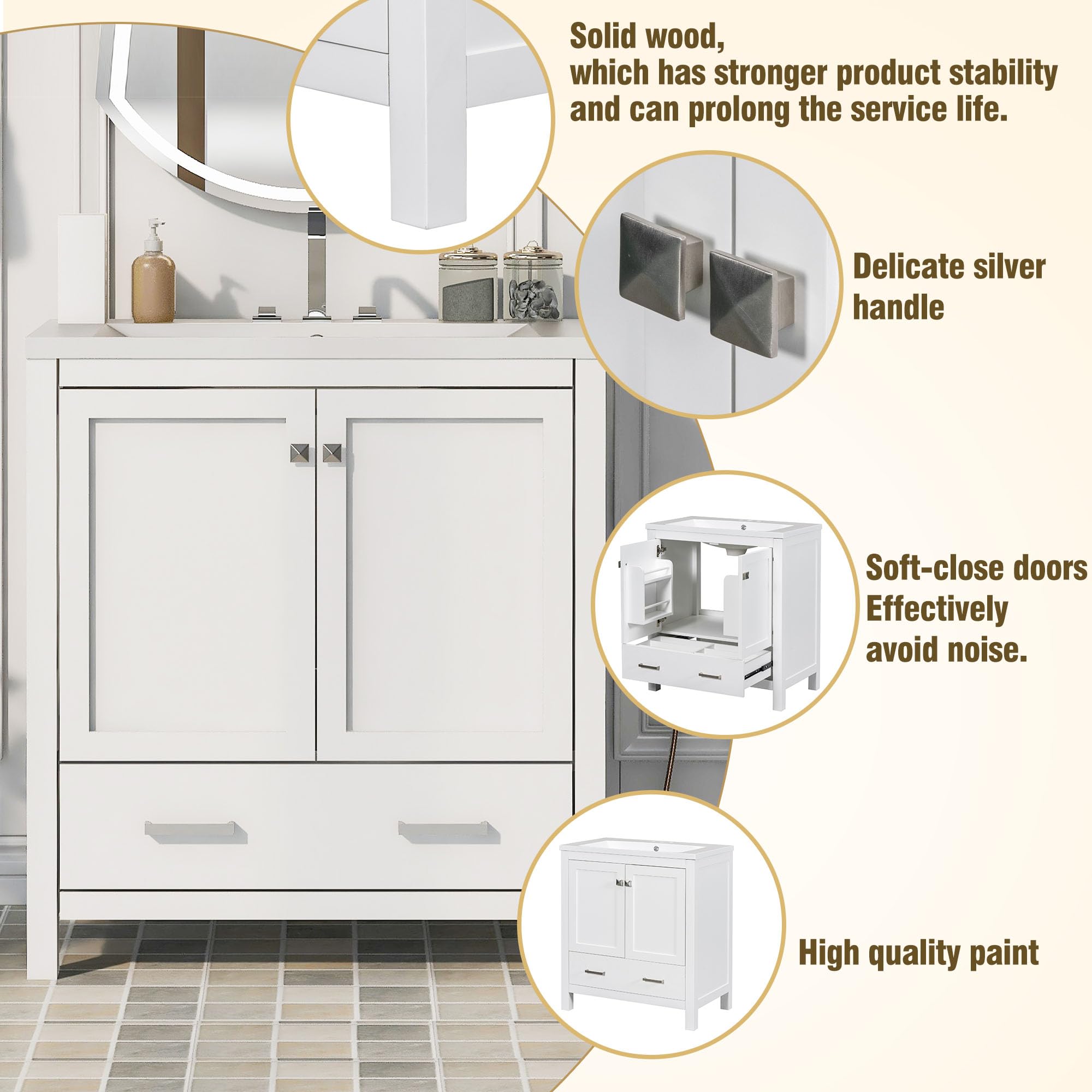 30 Inch White Bathroom Vanity with Sink - 2 Door Storage Cabinet & Drawer, Multifunctional Bathroom Organizer (30