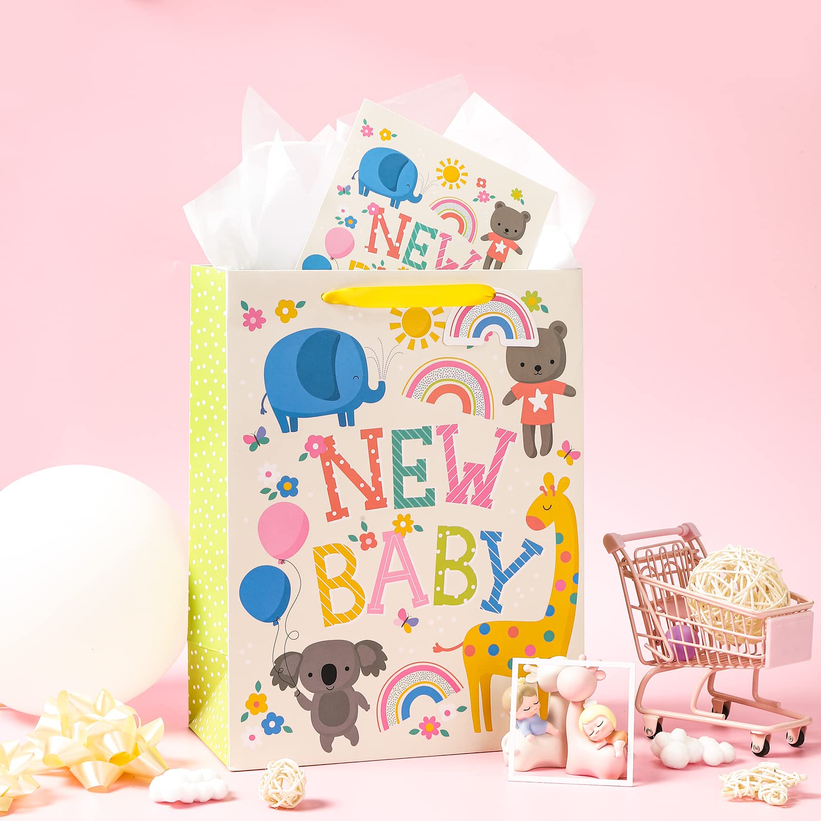 WRAPAHOLIC 13 Inch Large Baby Shower Gift Bags with Greeting Card & Tissue Paper - Adorable Elephant & Giraffe Designs - Perfect for Newborn Gifts, Baby Showers & Birthday Presents