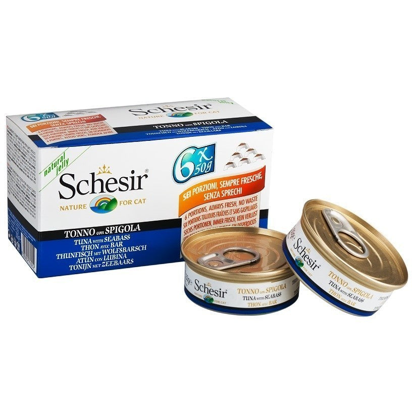 Premium Schesir Cat Wet Food Multipack (6x50g) - Tuna, Beef, Chicken & Seabass Flavors - Grain-Free, High Protein, Natural Ingredients for Adult & Senior Cats - Perfect for Mealtime, Travel & Treats