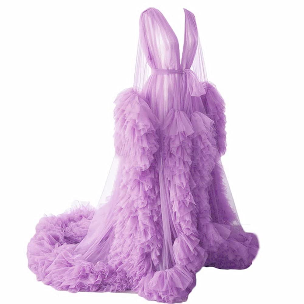 Sexy Sheer Maternity Nightgown for Women - Plus Size Long Kimono Robe with Puffy Tulle for Photoshoots & Boudoir | Comfortable Dressing Gown for Pregnancy, Nursing, and Special Occasions